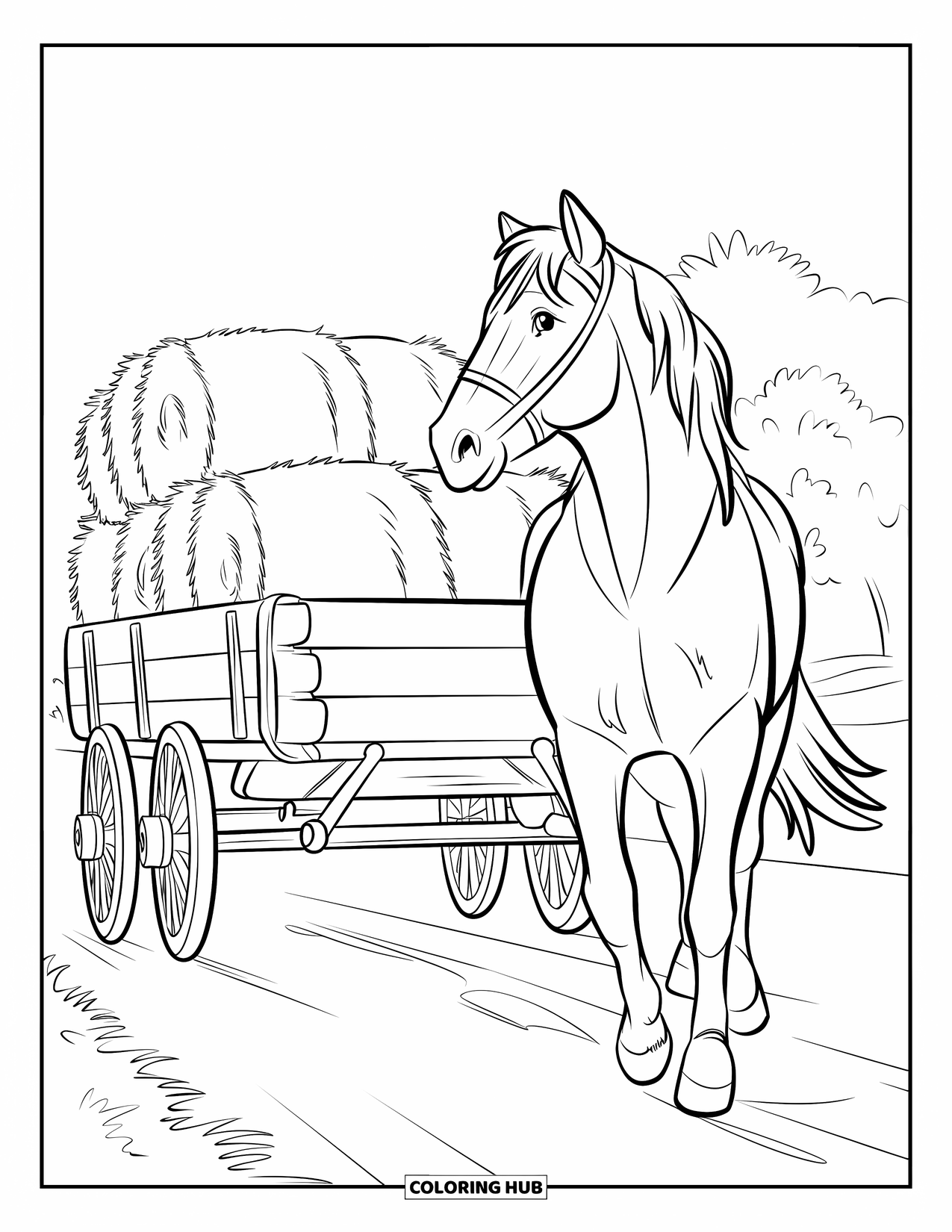 Kolorowanka ze zwierzętami gospodarskimi dla dzieci: Koń kłusuje obok wozu wypełnionego belami siana i drewnianymi kołami