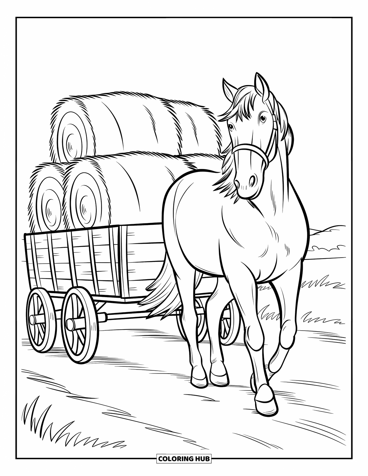 Kolorowanka ze zwierzętami gospodarskimi dla dzieci: Koń kłusuje obok drewnianego wozu załadowanego sianem na otwartym polu