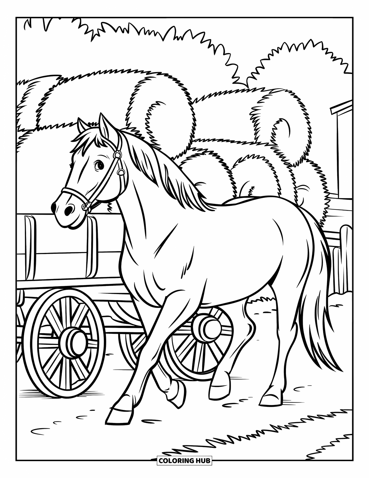 Kolorowanka ze zwierzętami gospodarskimi dla dzieci: Koń z uzdą ciągnie wóz z sianem w pobliżu drzew i budynku