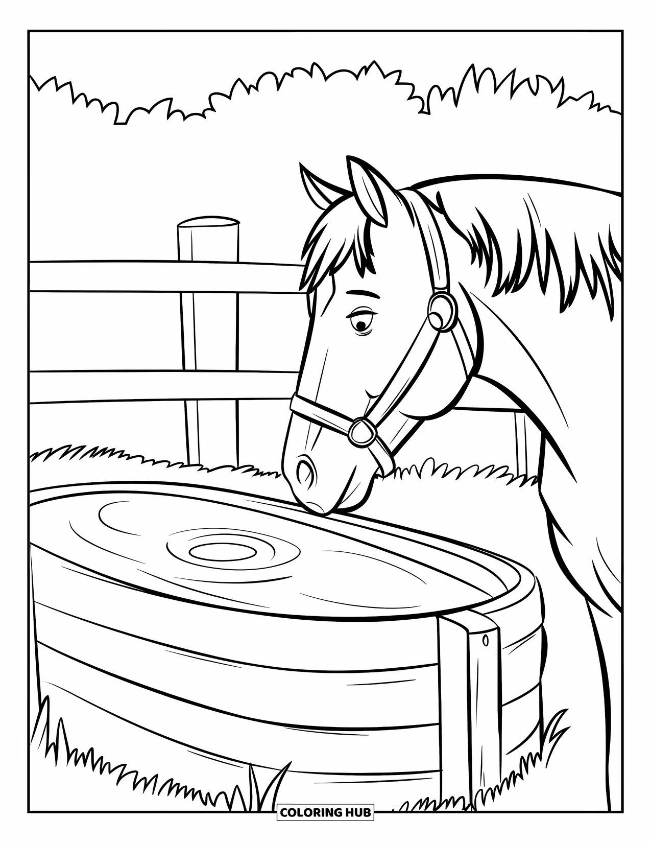 Kolorowanka ze zwierzętami gospodarskimi dla dzieci: Koń z uzdą stoi w pobliżu koryta i płotu