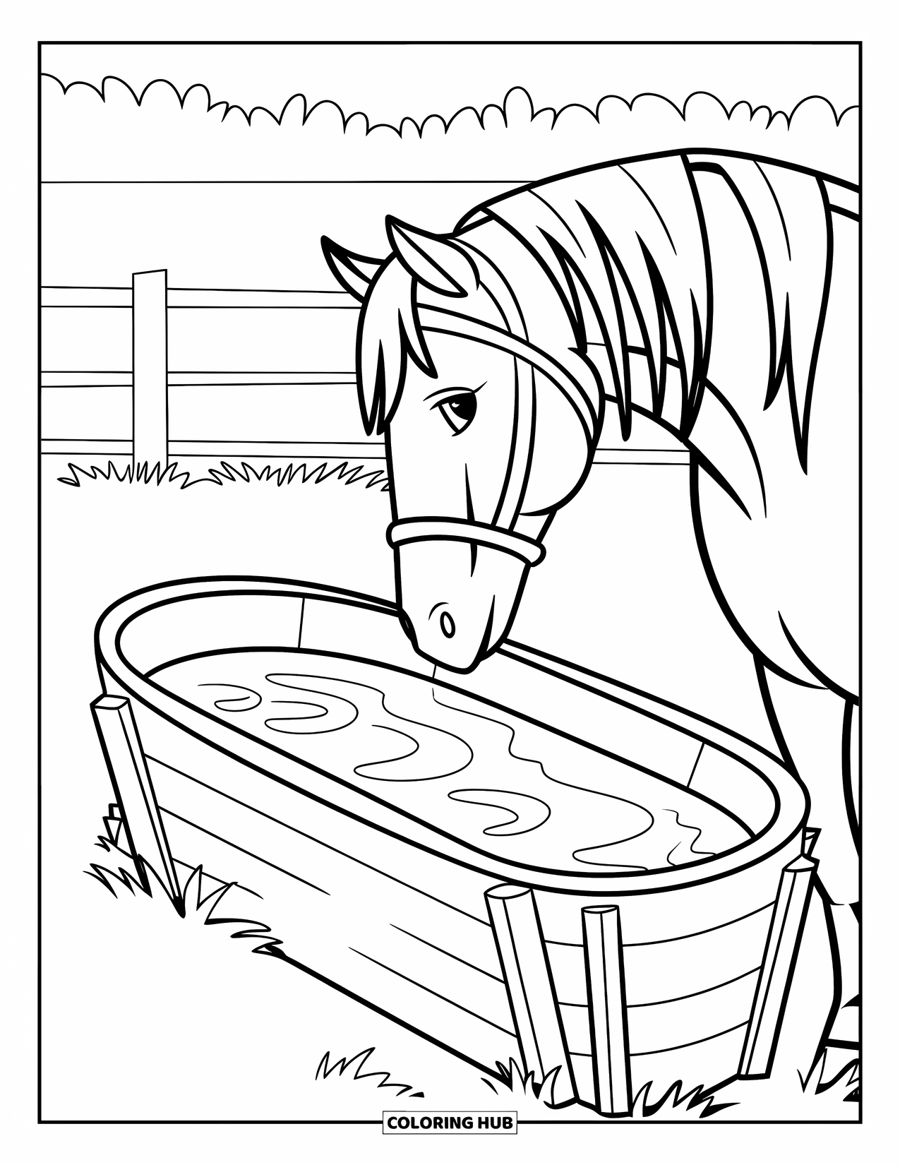 Kolorowanka ze zwierzętami gospodarskimi dla dzieci: Koń z długą grzywą stoi obok koryta i drewnianego płotu