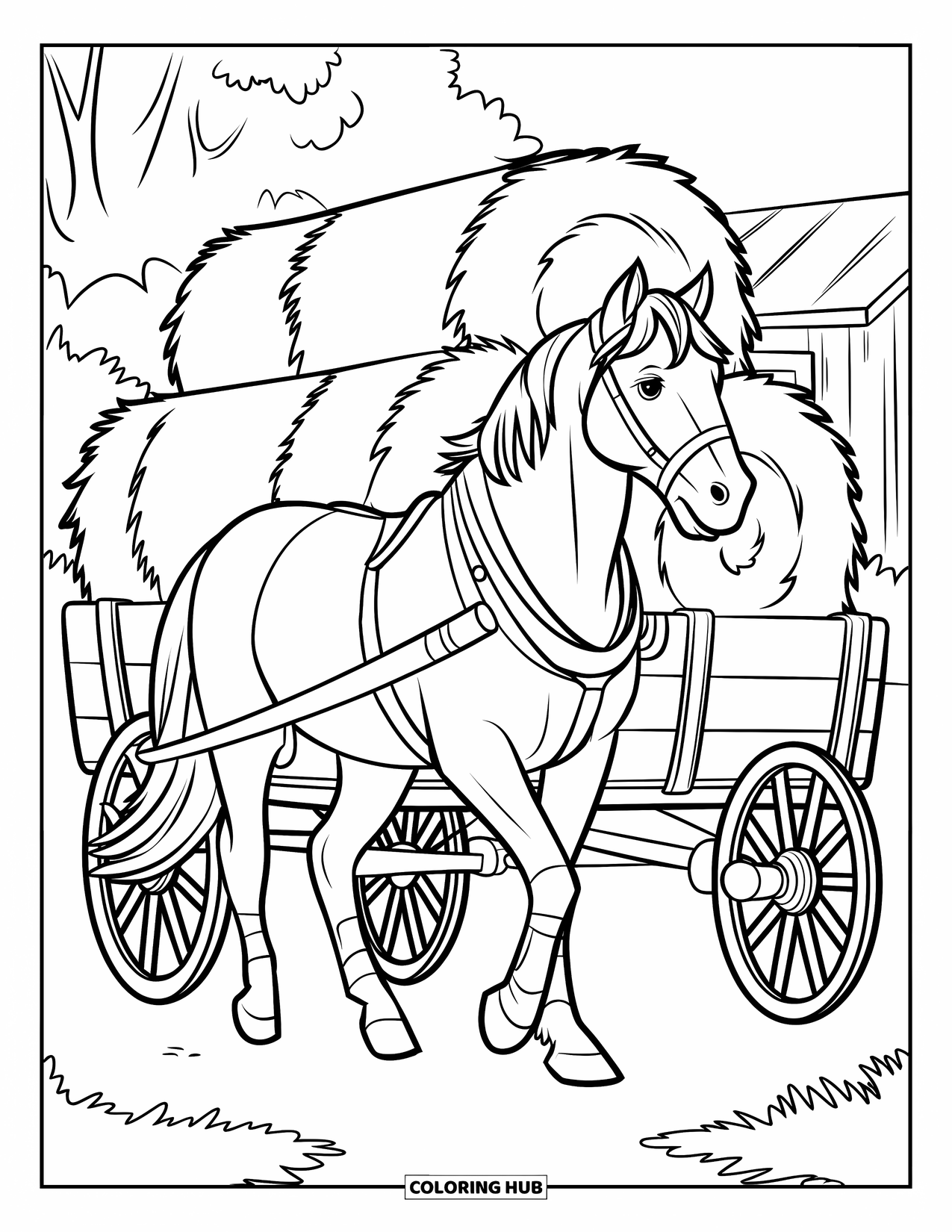 Kolorowanka ze zwierzętami gospodarskimi dla dzieci: Koń z grzywą ciągnie wóz z sianem z drzewami i budynkiem w tle