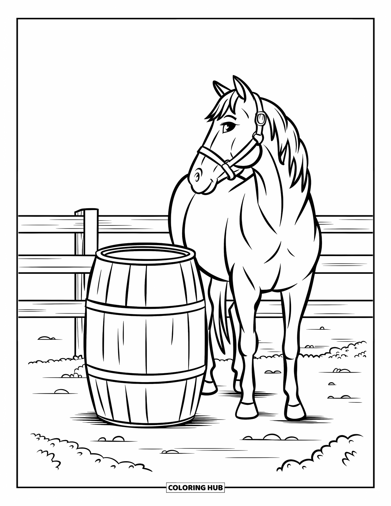 Kolorowanka ze zwierzętami gospodarskimi dla dzieci: Koń z grzywą stoi w pobliżu beczki i płotu na ziemi