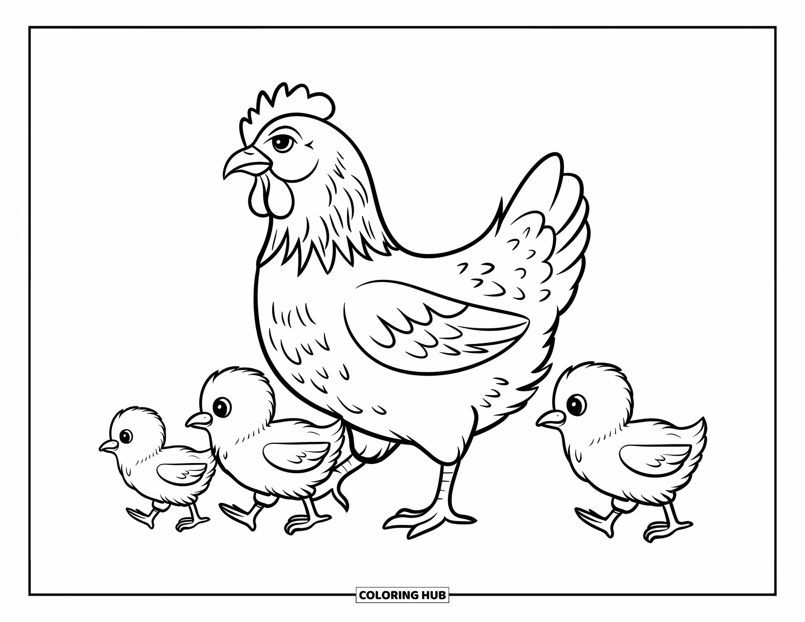 Kolorowanka ze zwierzętami gospodarskimi dla dzieci: Duża kura z małymi nogami idzie z trzema kurczakami podążającymi blisko za nią