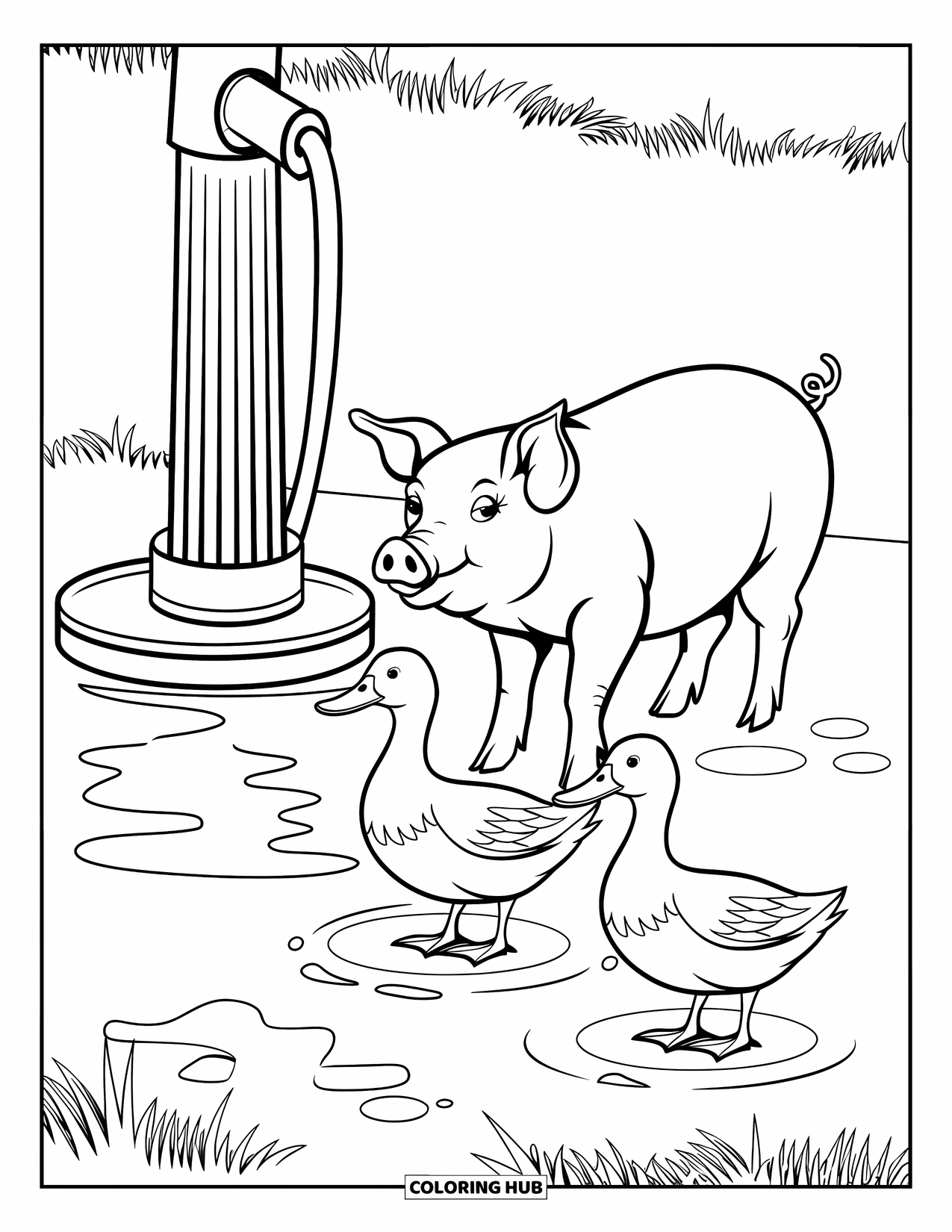 Kolorowanka ze zwierzętami gospodarskimi dla dzieci: Świnia i kaczki gromadzą się w pobliżu pompy wodnej z kałużami na ziemi