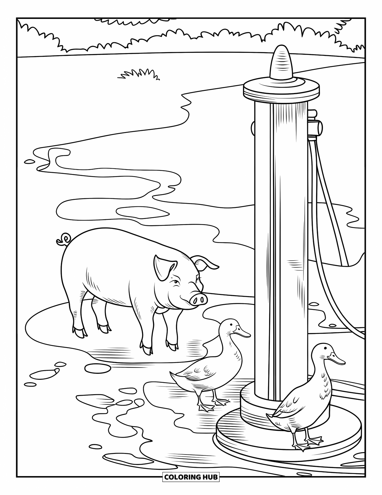 Kolorowanka ze zwierzętami gospodarskimi dla dzieci: Świnia i kaczki stoją w pobliżu pompy wodnej, otoczone małymi kałużami