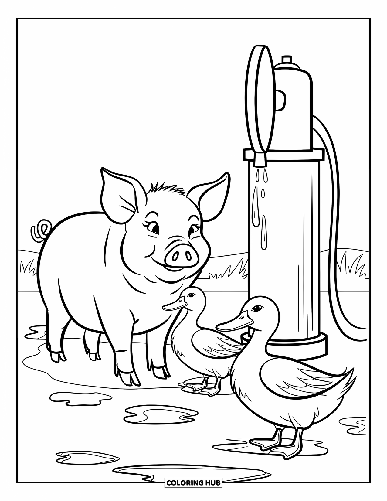 Kolorowanka ze zwierzętami gospodarskimi dla dzieci: Świnia i dwie kaczki stoją przy pompie z kałużami tworzącymi się u ich stóp