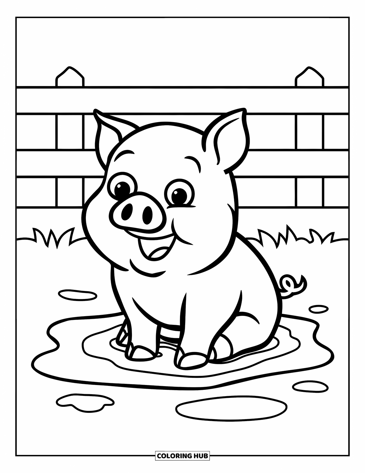Kolorowanka ze zwierzętami gospodarskimi dla dzieci: Świnia siedzi szczęśliwie w błotnistej kałuży w pobliżu drewnianego płotu