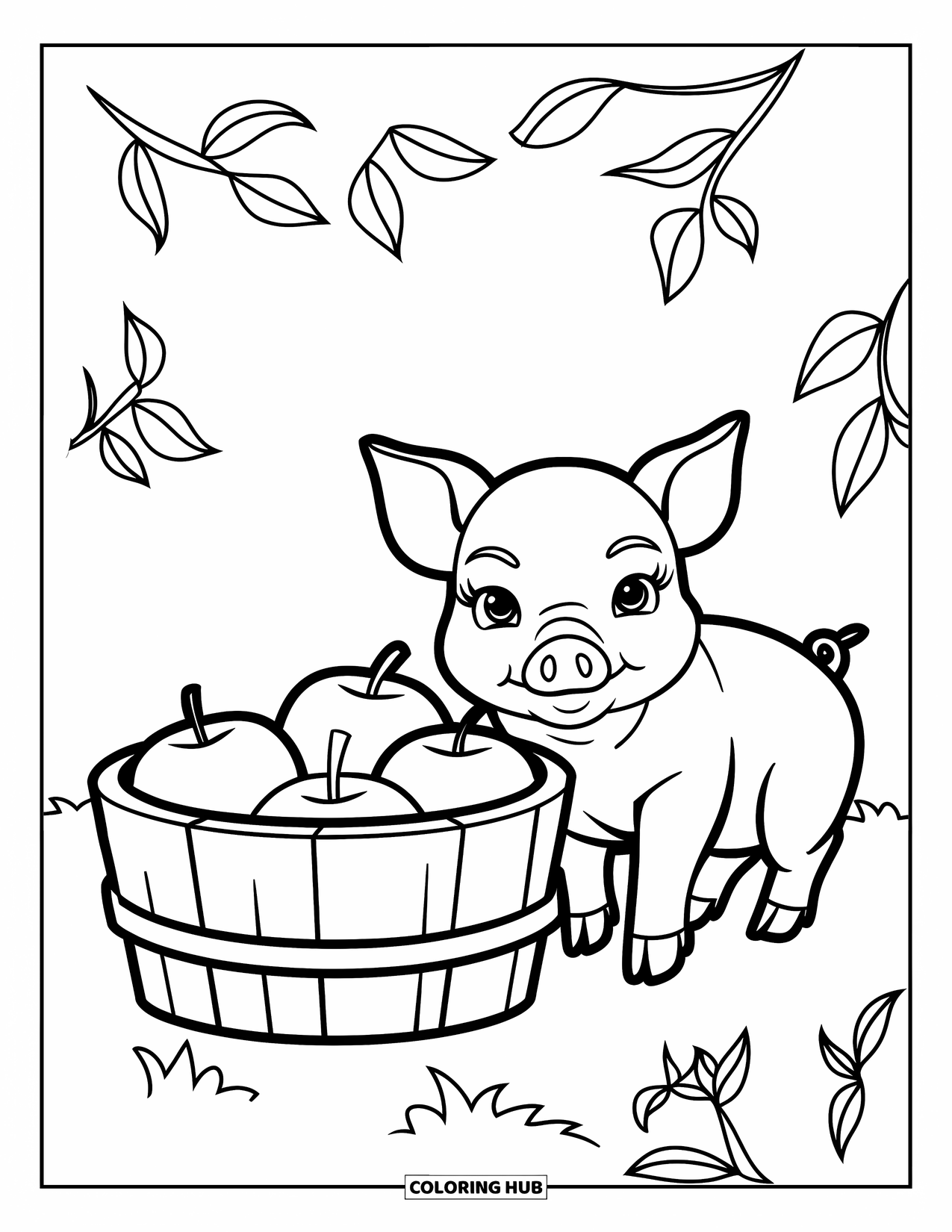 Kolorowanka ze zwierzętami gospodarskimi dla dzieci: Prosiaczek śpi obok wiadra z jabłkami z rozrzuconymi liśćmi wokół