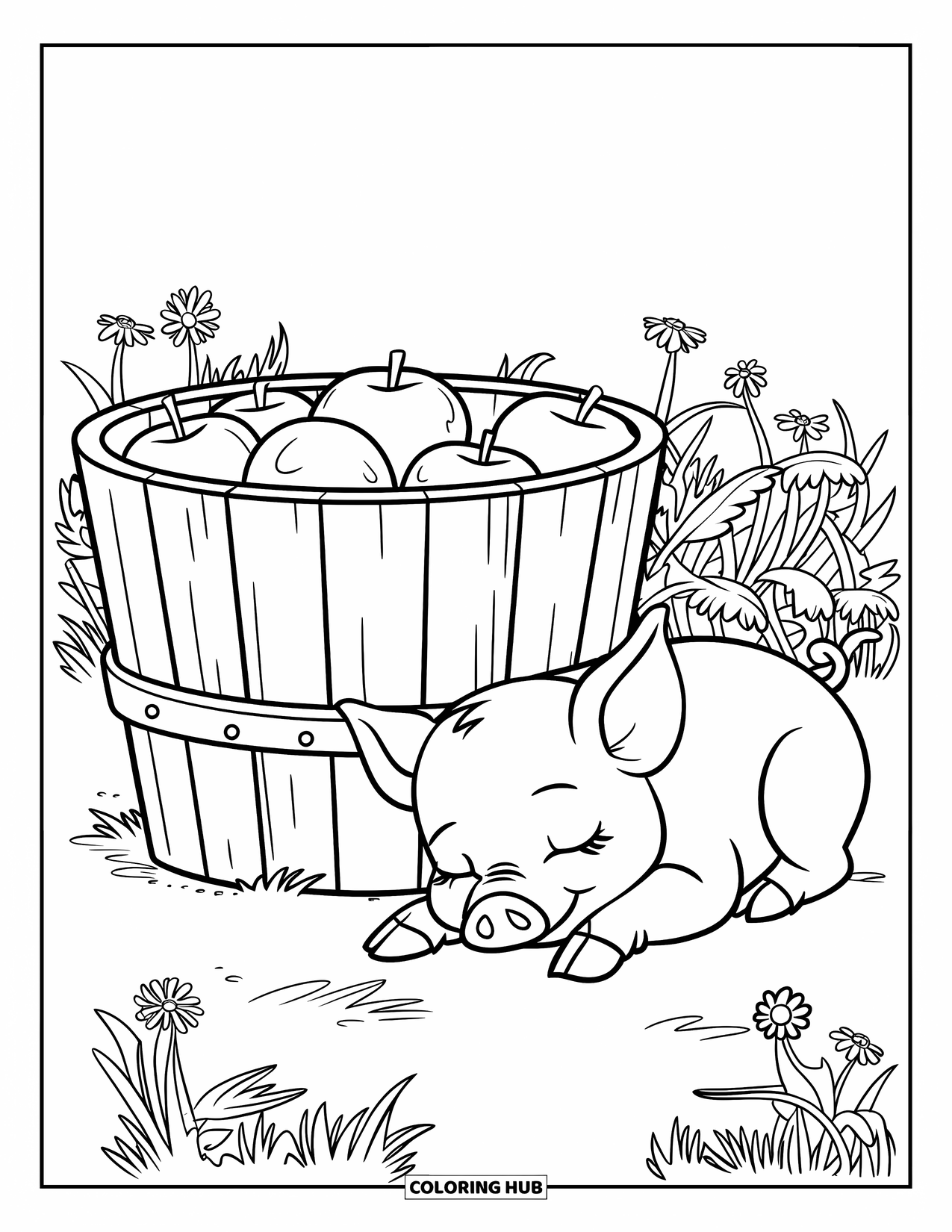 Kolorowanka ze zwierzętami gospodarskimi dla dzieci: Prosiaczek odpoczywa obok drewnianego wiadra wypełnionego jabłkami na trawiastym polu