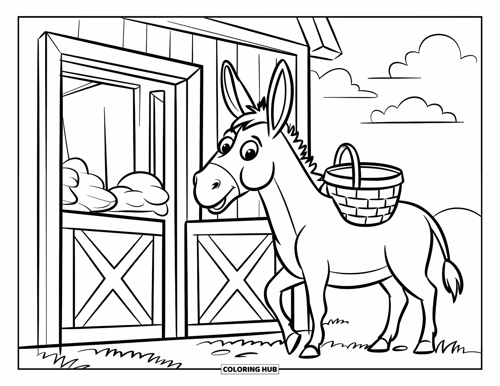Kolorowanka ze zwierzętami gospodarskimi dla dzieci: Figlarny osioł stoi przy drzwiach stodoły, niosąc mały koszyk