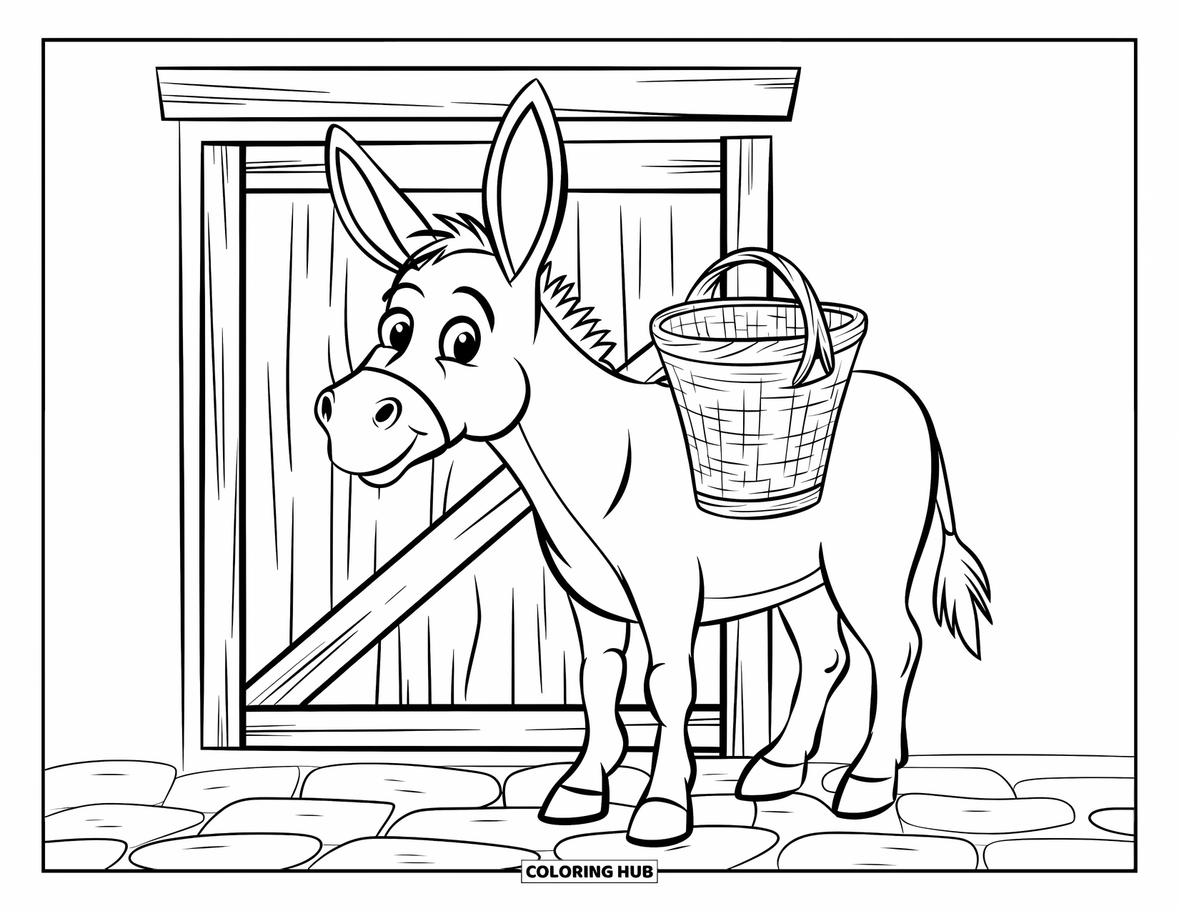 Kolorowanka ze zwierzętami gospodarskimi dla dzieci: Figlarny osioł stoi przy drzwiach stodoły z małym koszykiem na grzbiecie