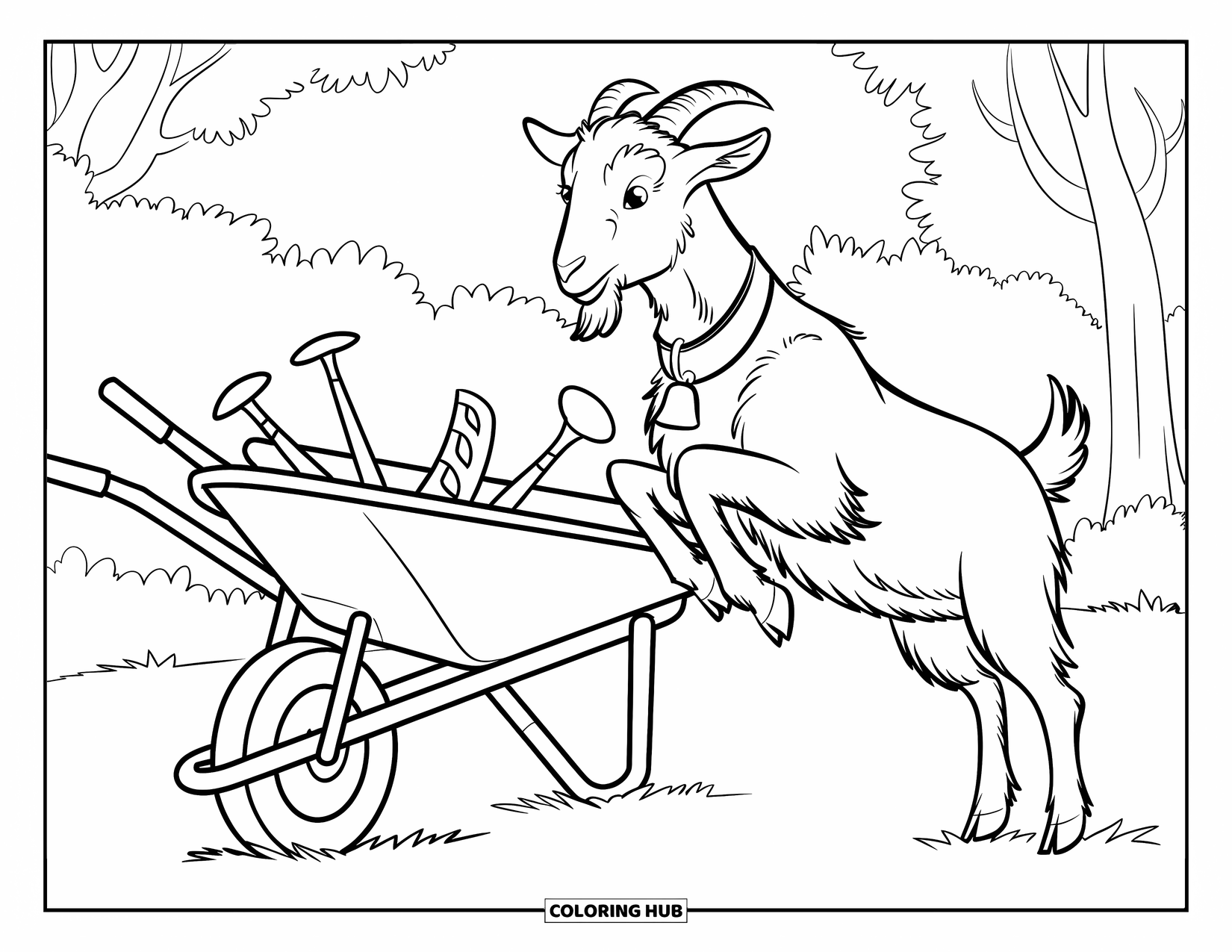 Kolorowanka ze zwierzętami gospodarskimi dla dzieci: Figlarna koza skacze w pobliżu taczki wypełnionej narzędziami ogrodniczymi i drzewami w tle