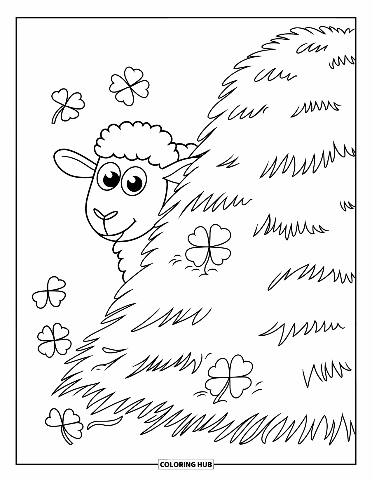 Kolorowanka ze zwierzętami gospodarskimi dla dzieci: Figlarna owca wygląda z stogu siana otoczonego rozrzuconymi koniczynami