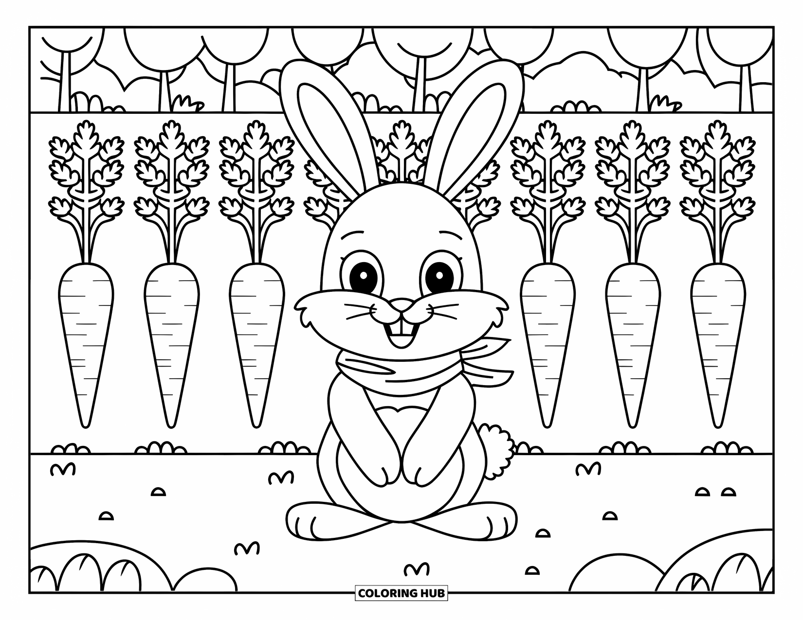 Kolorowanka ze zwierzętami gospodarskimi dla dzieci: Królik w szaliku siedzi w pobliżu wysokich marchewek i drzew