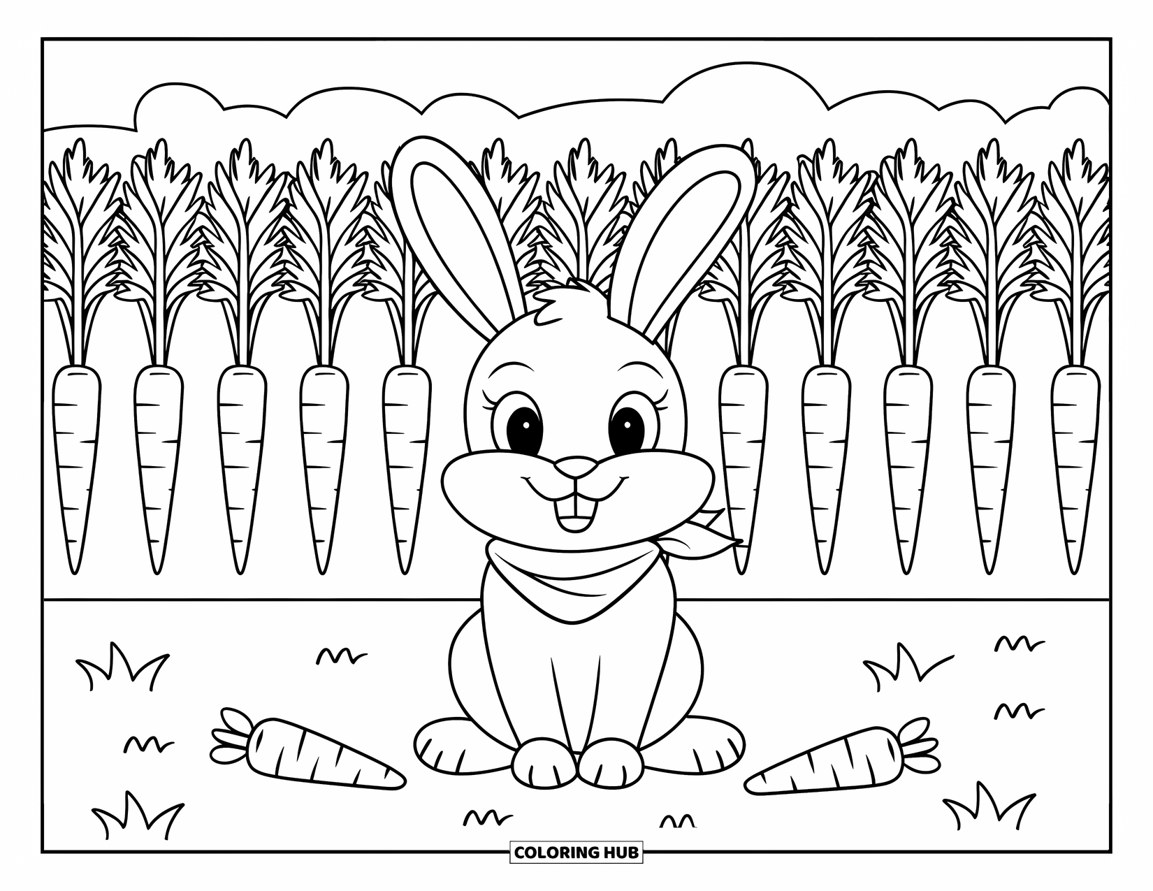 Kolorowanka ze zwierzętami gospodarskimi dla dzieci: Królik siedzi z małymi marchewkami z przodu i wysokimi z tyłu