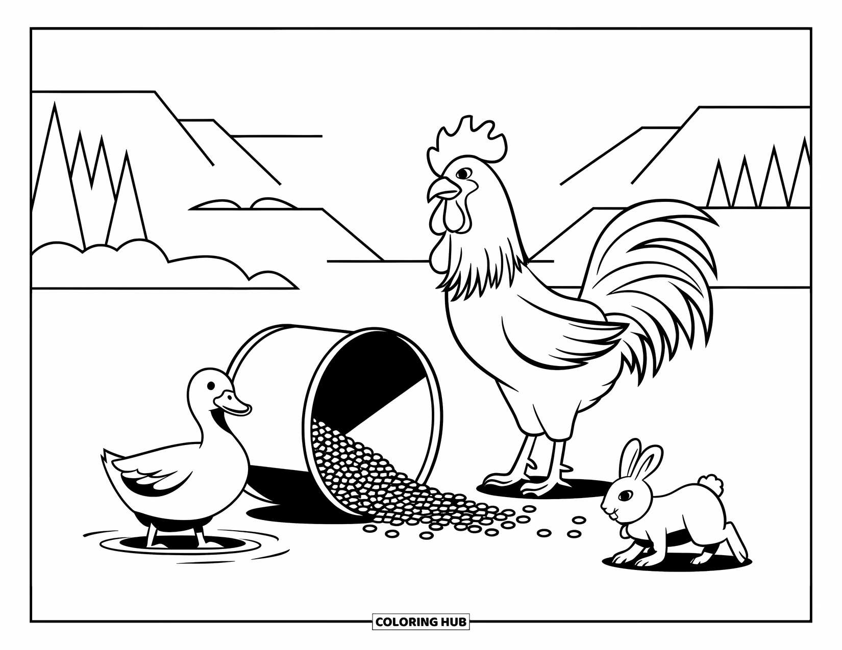 Kolorowanka ze zwierzętami gospodarskimi dla dzieci: Kogut rozpościera skrzydła, gdy kaczka brodzi, a królik skacze w pobliżu