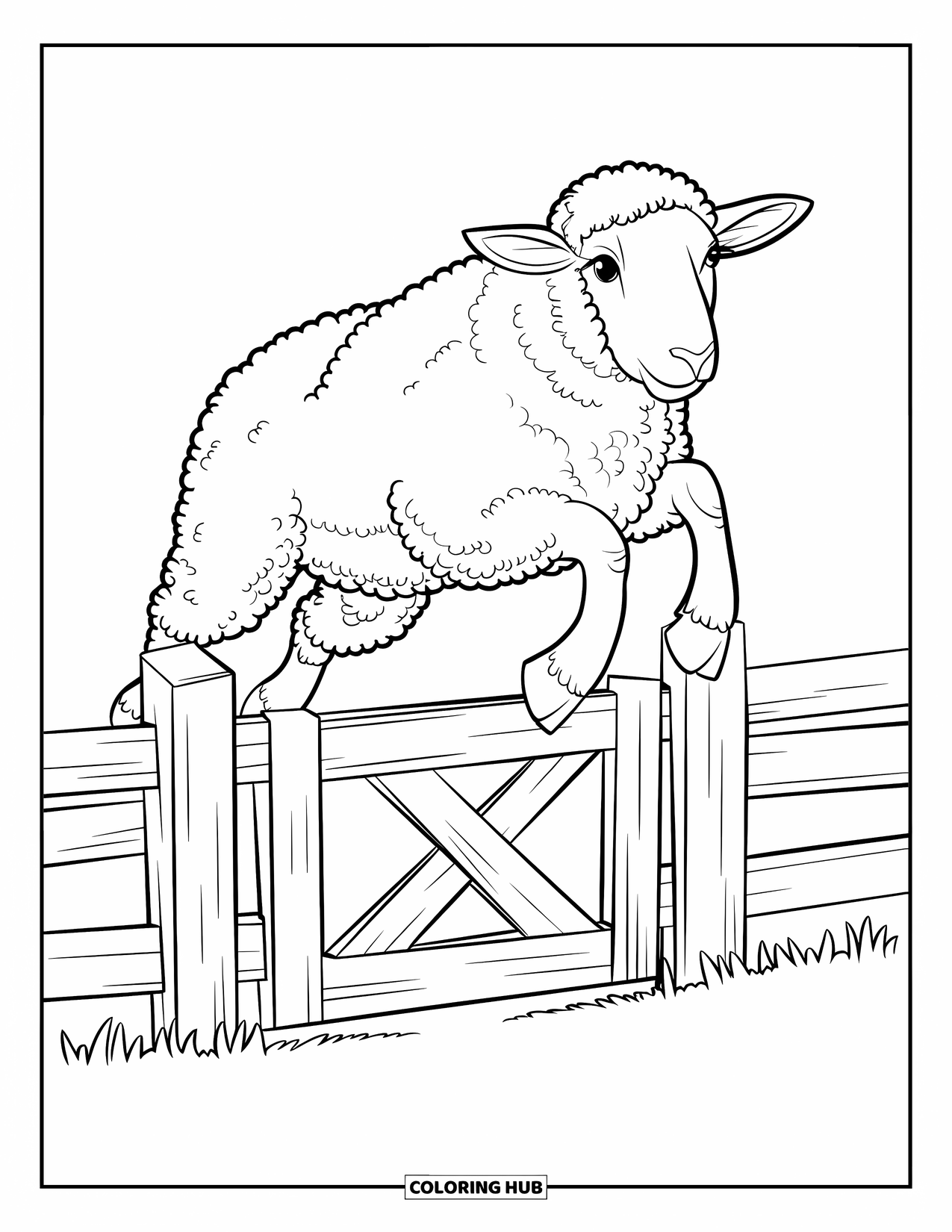 Kolorowanka ze zwierzętami gospodarskimi dla dzieci: Owca przeskakuje przez drewniany płot z wyciągniętymi nogami