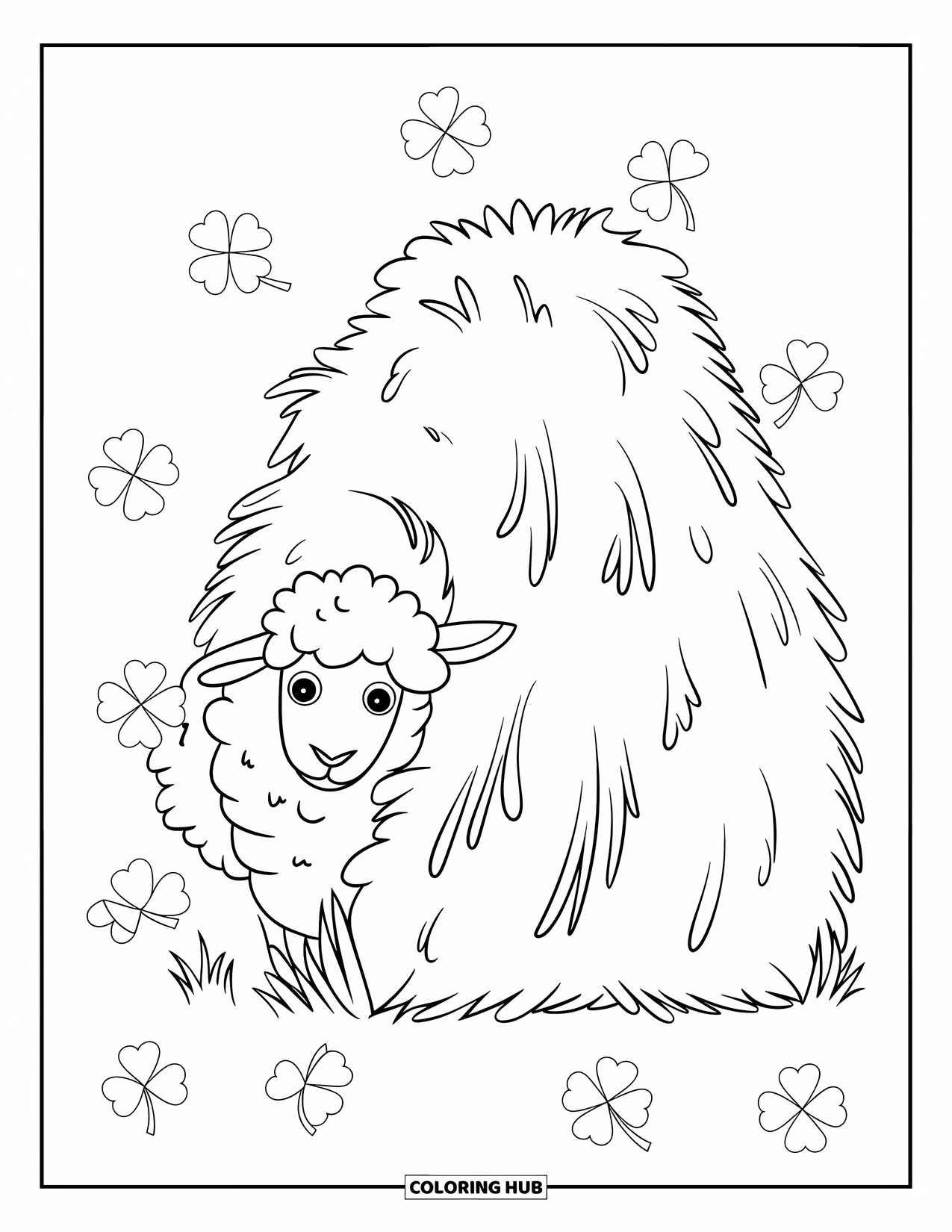 Kolorowanka ze zwierzętami gospodarskimi dla dzieci: Owca wygląda zza dużego stogu siana z koniczyną na ziemi
