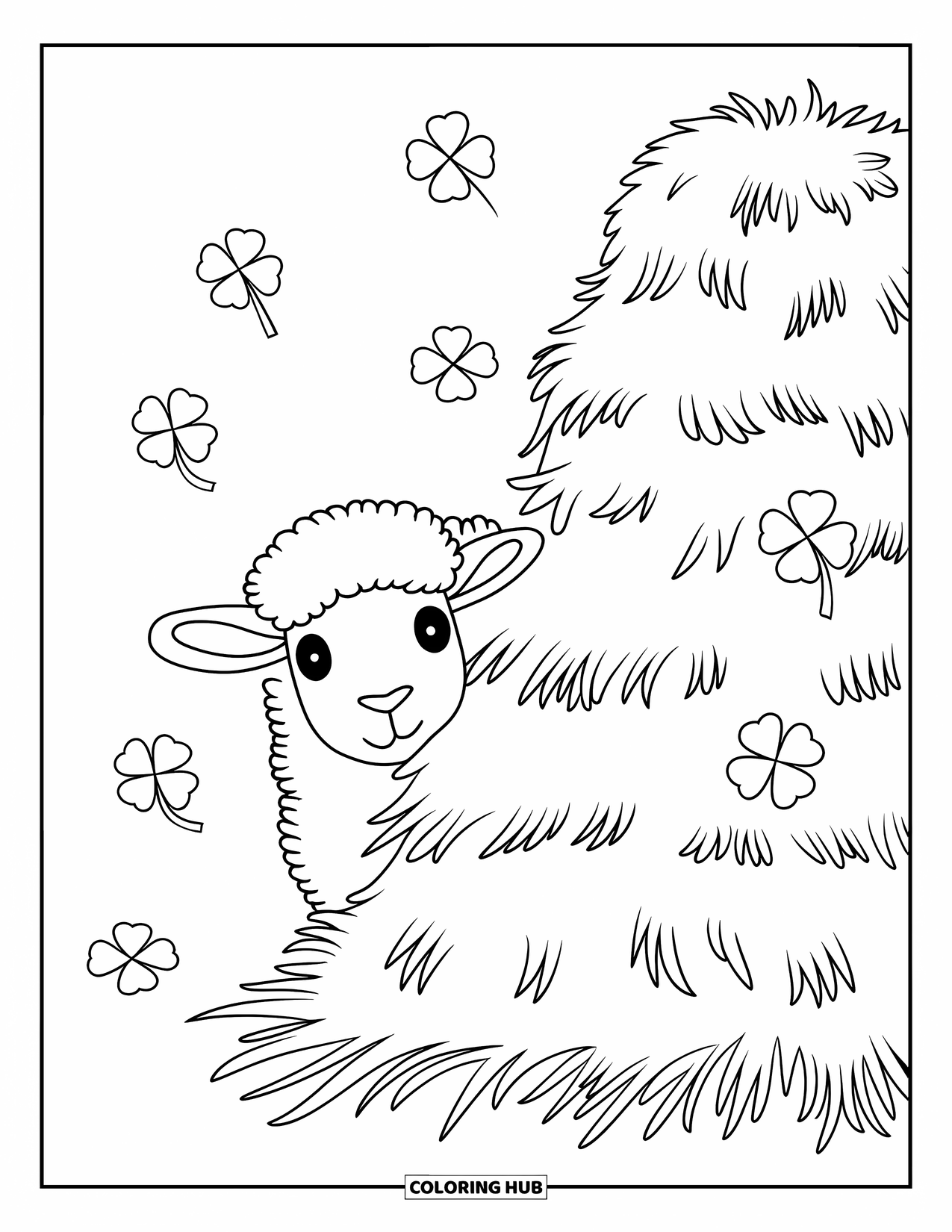 Kolorowanka ze zwierzętami gospodarskimi dla dzieci: Owca wygląda zza stogu siana z koniczyną na ziemi