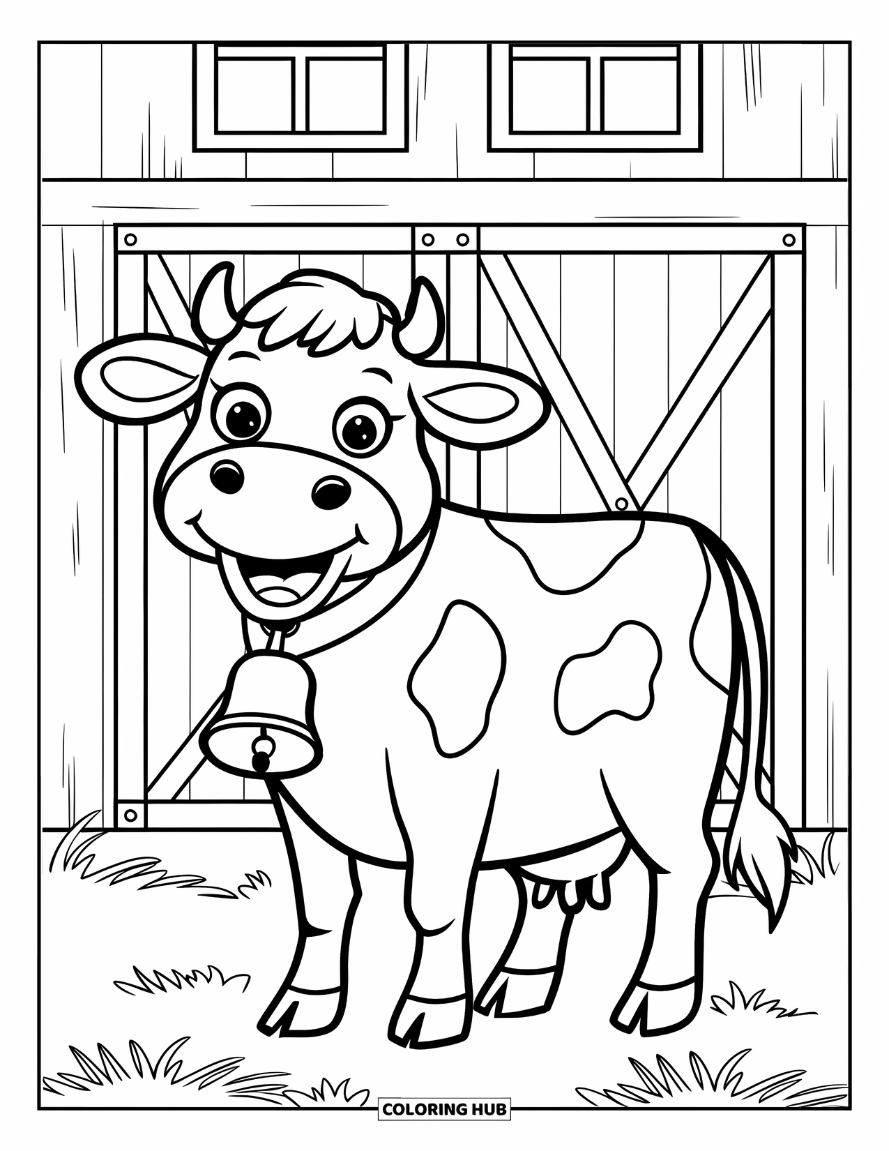 Kolorowanka ze zwierzętami gospodarskimi dla dzieci: Uśmiechnięta krowa z dzwonkiem stoi w pobliżu stodoły i ziemi pokrytej słomą