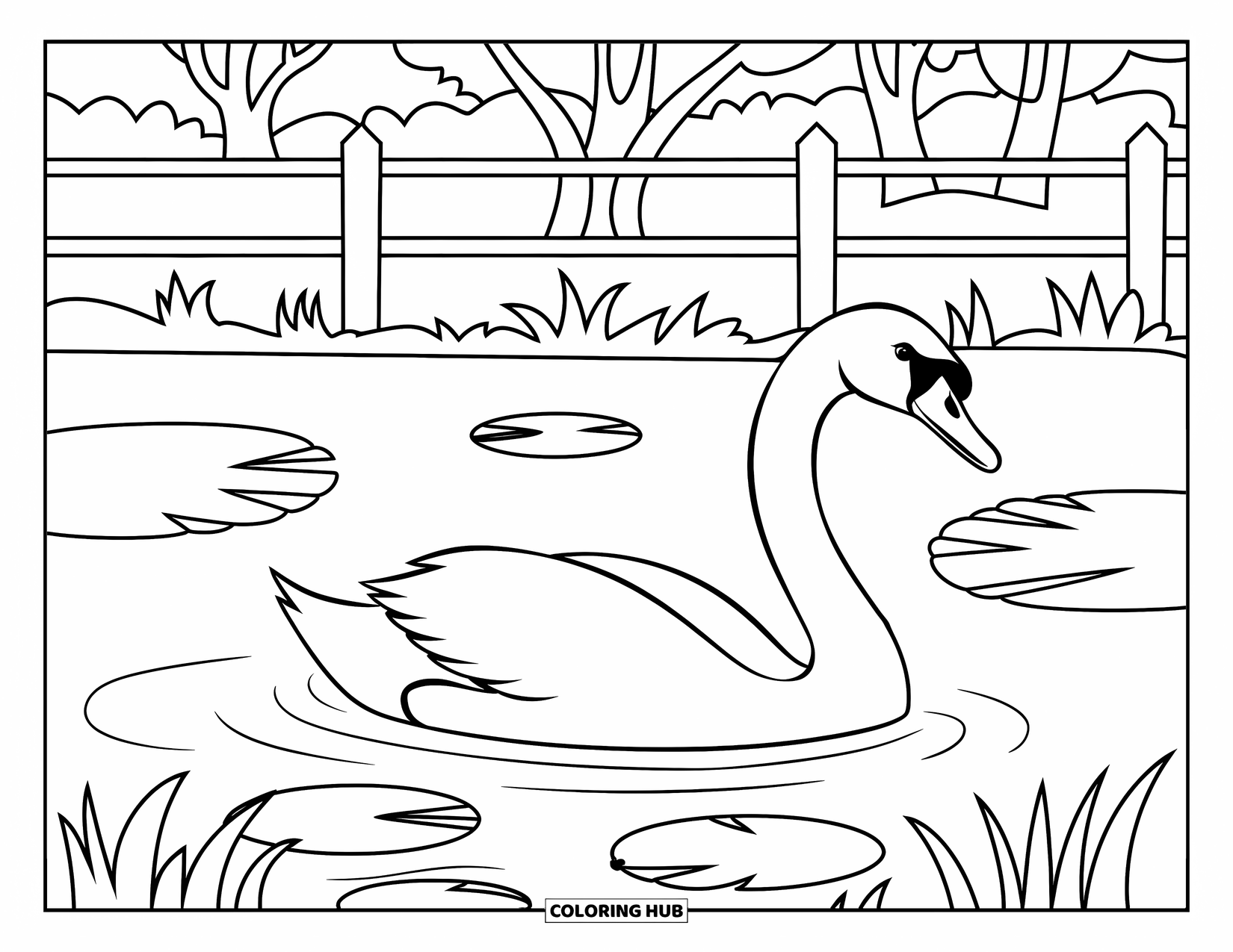 Kolorowanka ze zwierzętami gospodarskimi dla dzieci: Łabędź płynie wdzięcznie w stawie hodowlanym z liliami wodnymi i drzewami w pobliżu