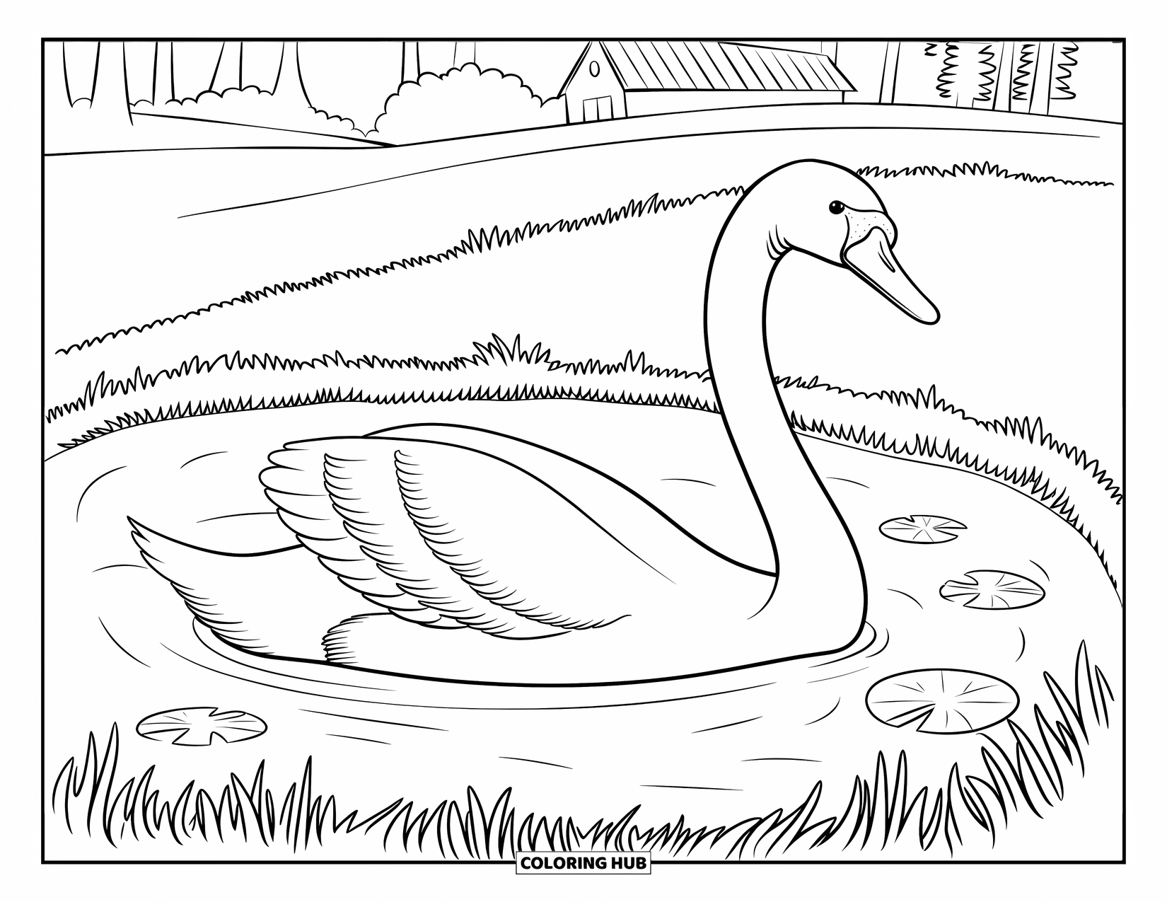 Kolorowanka ze zwierzętami gospodarskimi dla dzieci: Łabędź z długą szyją płynie po stawie w pobliżu stodoły i drzew