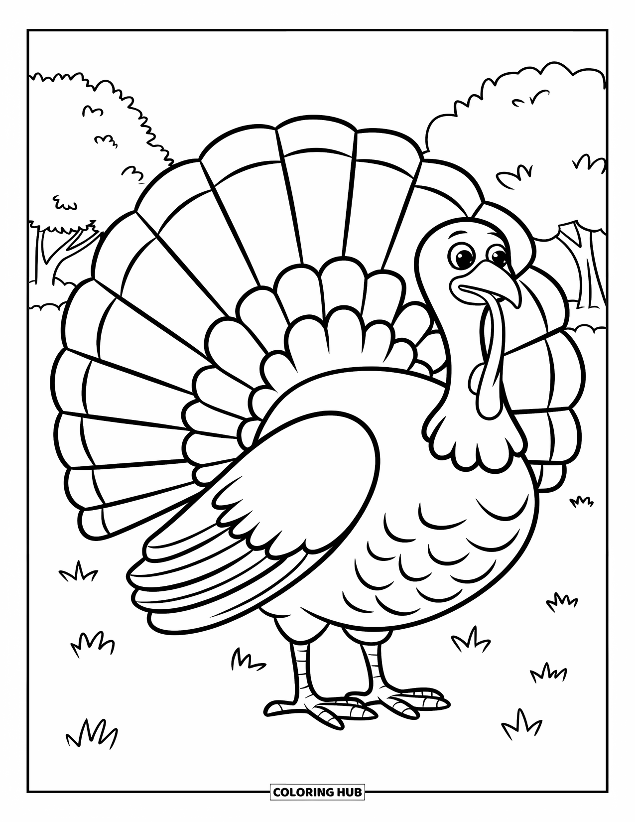 Kolorowanka ze zwierzętami gospodarskimi dla dzieci: Indyk z piórami w kształcie wachlarza stoi na trawie z drzewami w tle