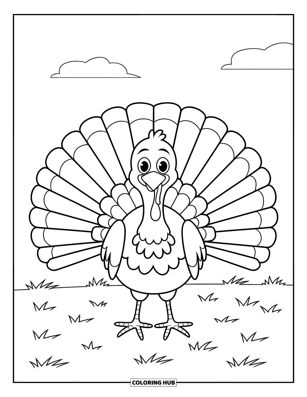 Kolorowanka ze zwierzętami gospodarskimi dla dzieci: Indyk z szerokimi piórami ogona stoi na trawie pod niebem z chmurami