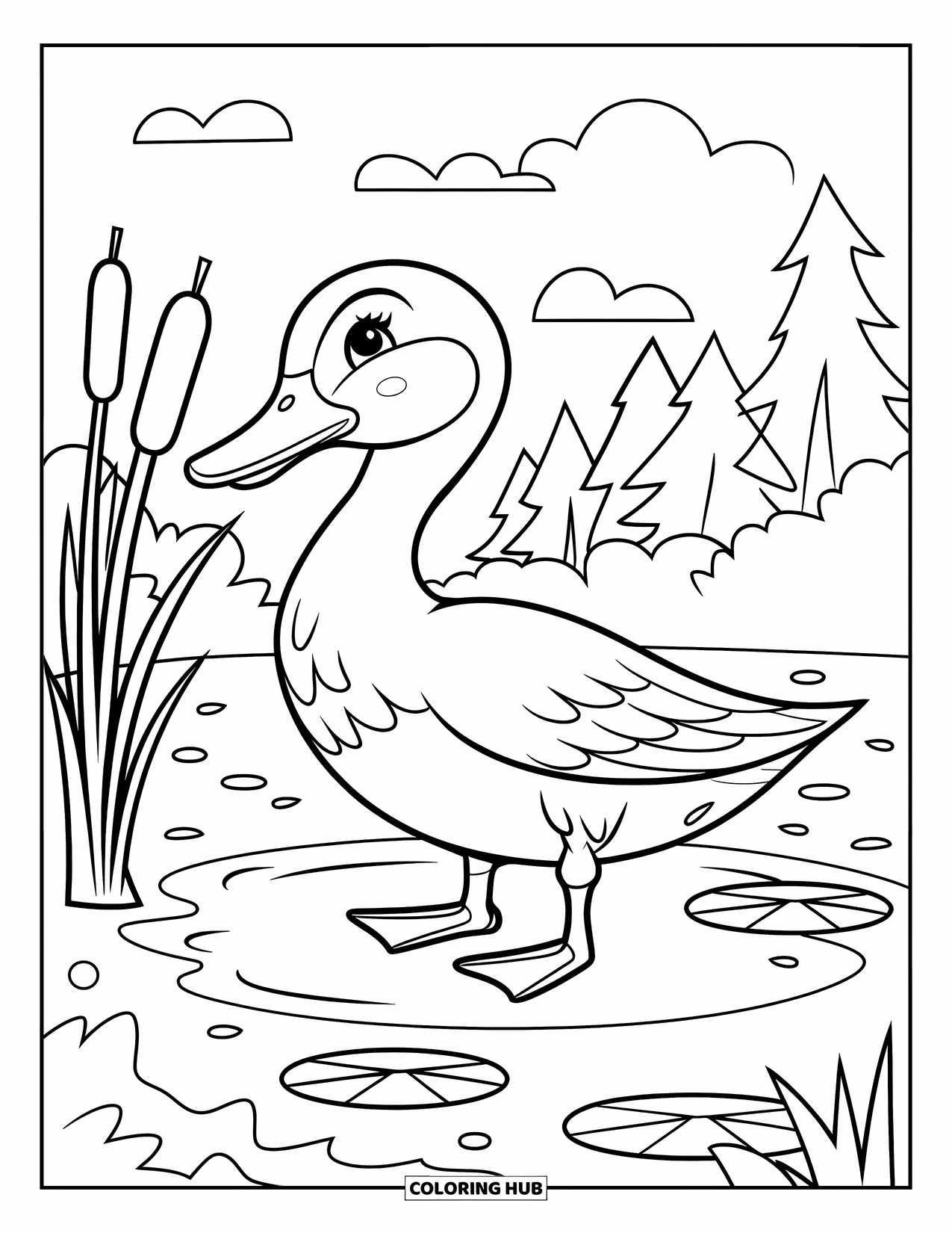 Kolorowanka ze zwierzętami gospodarskimi dla dzieci: Kaczątko przechodzi obok stawu z liliami wodnymi i miękkimi chmurkami powyżej