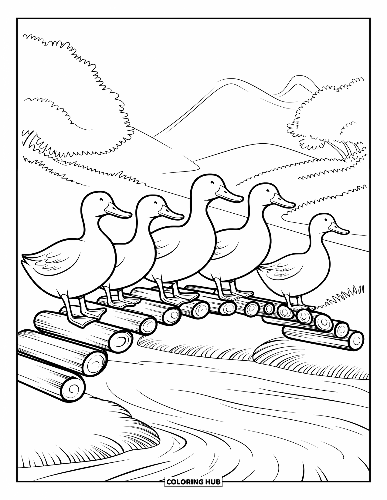 Kolorowanka ze zwierzętami gospodarskimi dla dzieci: Kaczki stoją na kładce z bali nad strumieniem z drzewami i górami w tle