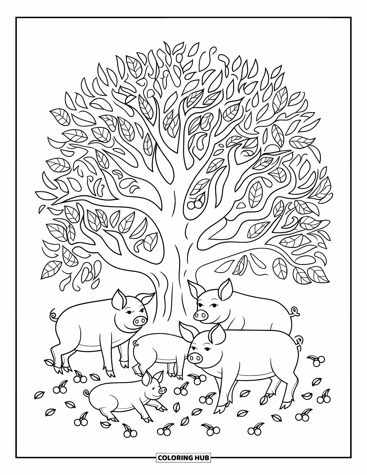 Kolorowanka ze zwierzętami gospodarskimi dla dzieci: Świnie relaksują się pod dużym drzewem z rozrzuconymi owocami na ziemi