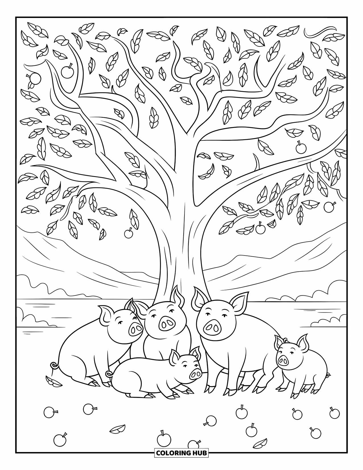 Kolorowanka ze zwierzętami gospodarskimi dla dzieci: Świnie siedzą w kręgu pod liściastym drzewem z górami i wodą w tle