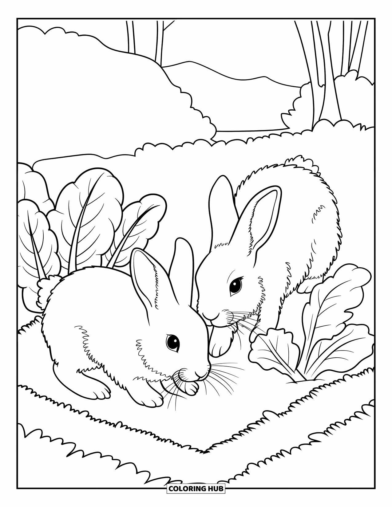 Kolorowanka ze zwierzętami gospodarskimi dla dzieci: Króliki zwiedzają grządkę warzywną z zielonymi roślinami i górami w tle