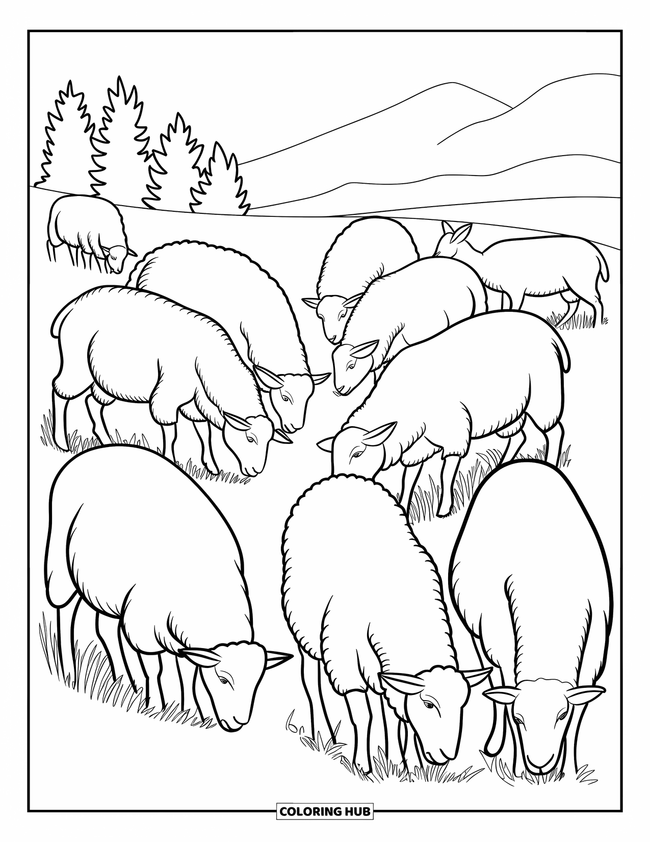 Kolorowanka ze zwierzętami gospodarskimi dla dzieci: Owce stoją w półkolu z drzewami i górą za nimi