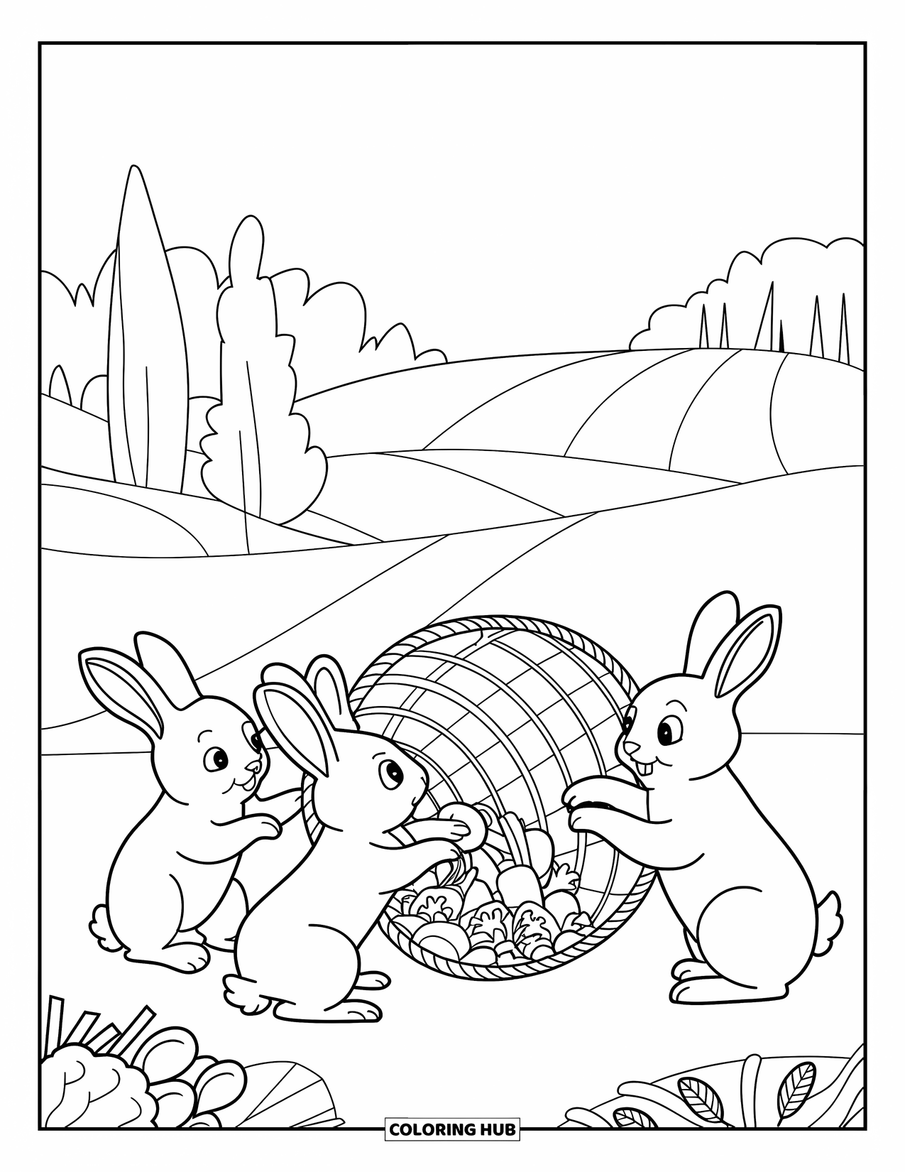Kolorowanka ze zwierzętami gospodarskimi dla dzieci: Trzy figlarne króliki zbierają się w pobliżu przewróconego koszyka na polu ze wzgórzami i drzewami