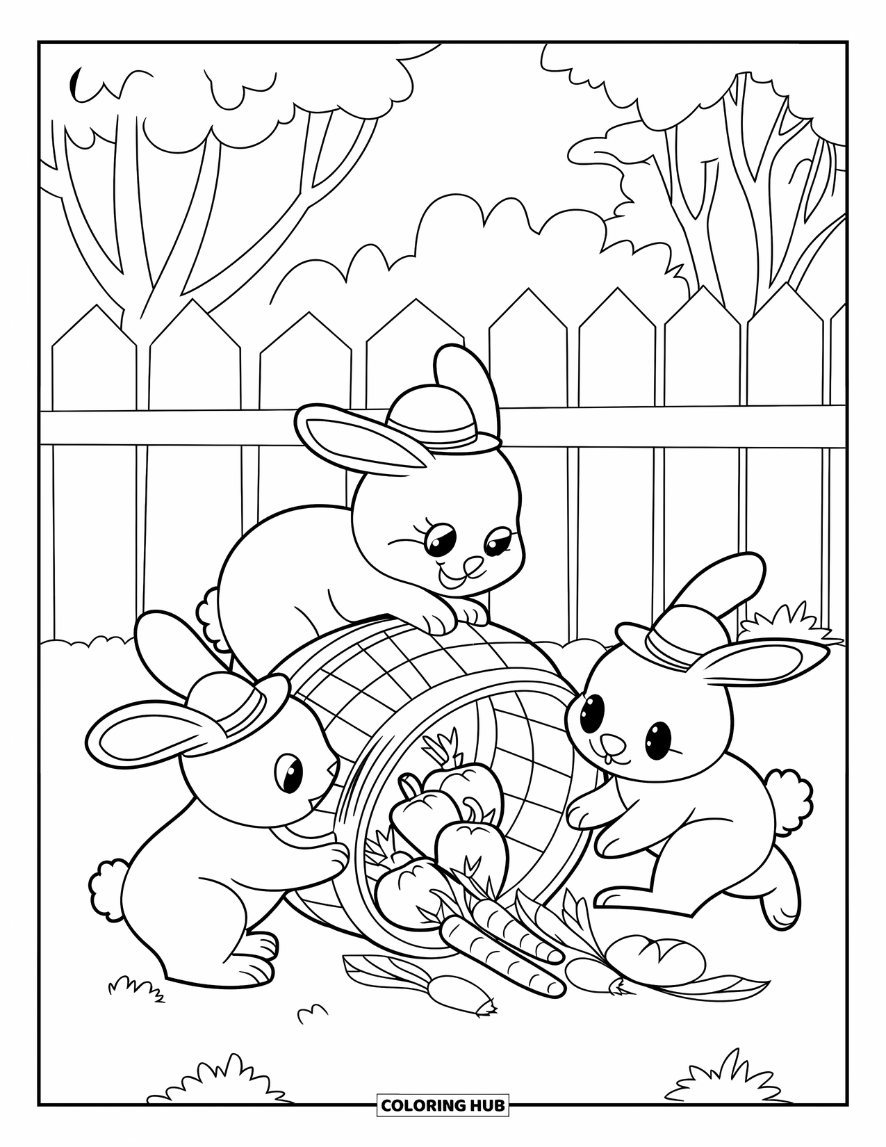 Kolorowanka ze zwierzętami gospodarskimi dla dzieci: Trzy króliki noszące małe kapelusze bawią się w pobliżu przewróconego kosza z warzywami
