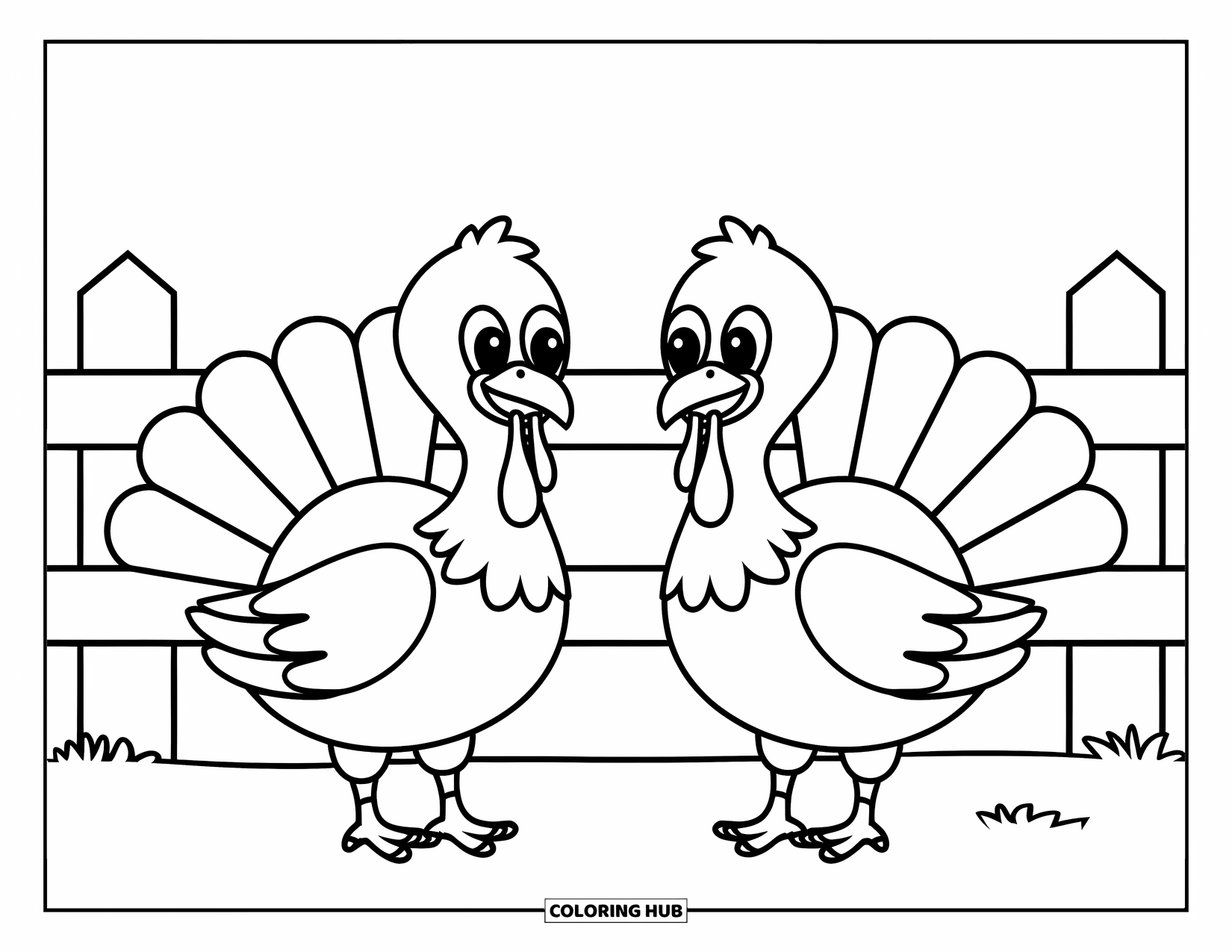 Kolorowanka ze zwierzętami gospodarskimi dla dzieci: Dwa wesołe indyki stoją obok drewnianego płotu