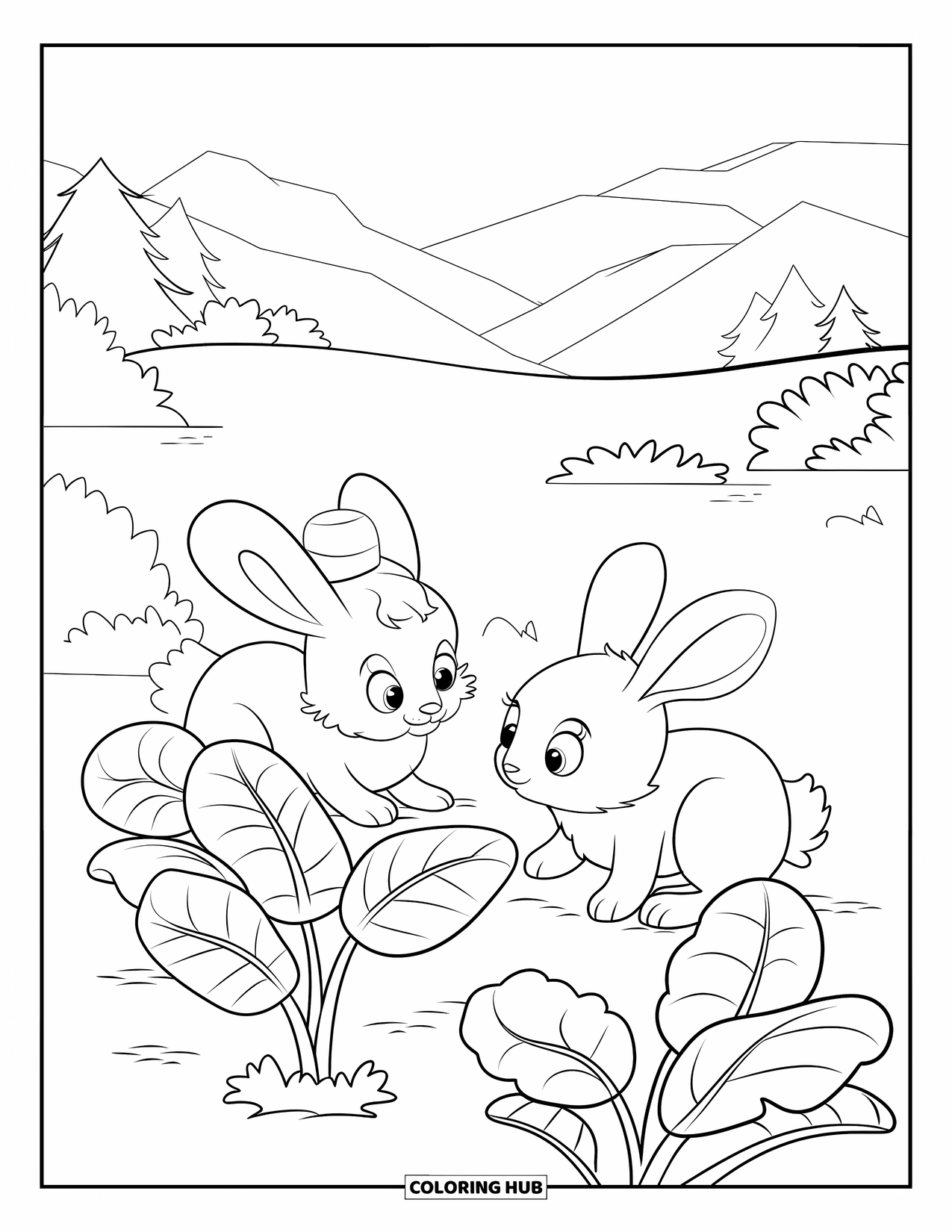 Kolorowanka ze zwierzętami gospodarskimi dla dzieci: Dwa króliki w kapeluszach zwiedzają grządkę warzywną z górami i drzewami w tle