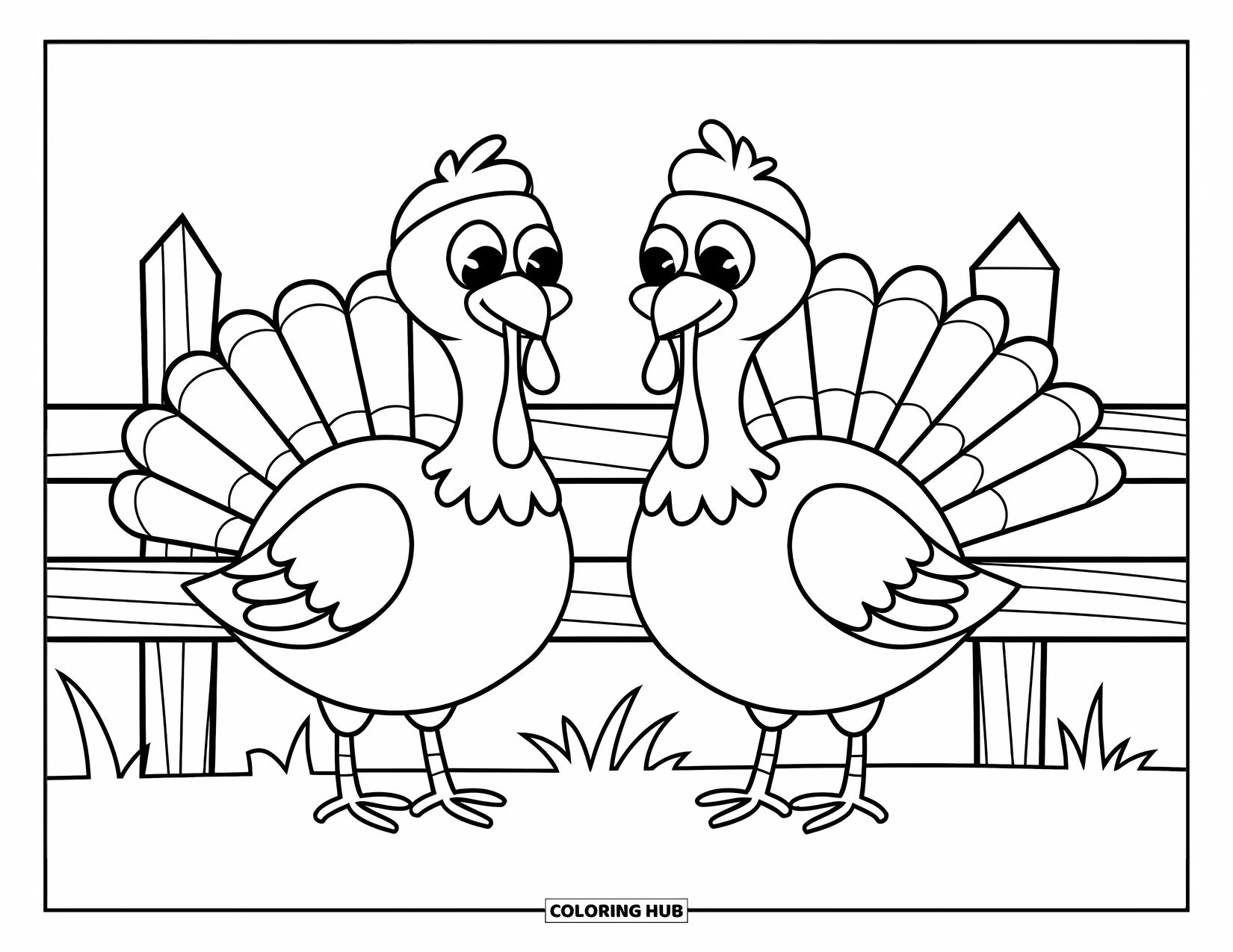Kolorowanka ze zwierzętami gospodarskimi dla dzieci: Dwa okrągłe indyki stoją w pobliżu płotu z ukośnymi drewnianymi listwami