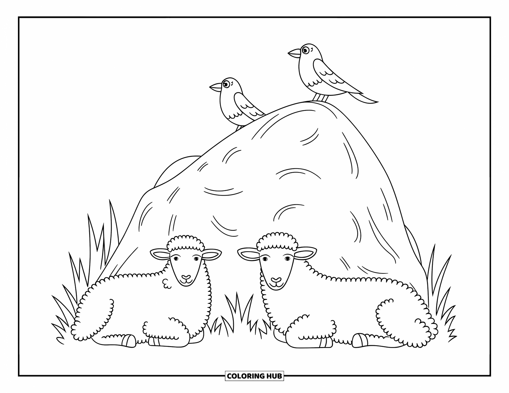 Kolorowanka ze zwierzętami gospodarskimi dla dzieci: Dwie owce odpoczywają w pobliżu dużej skały z dwoma ptakami siedzącymi na górze