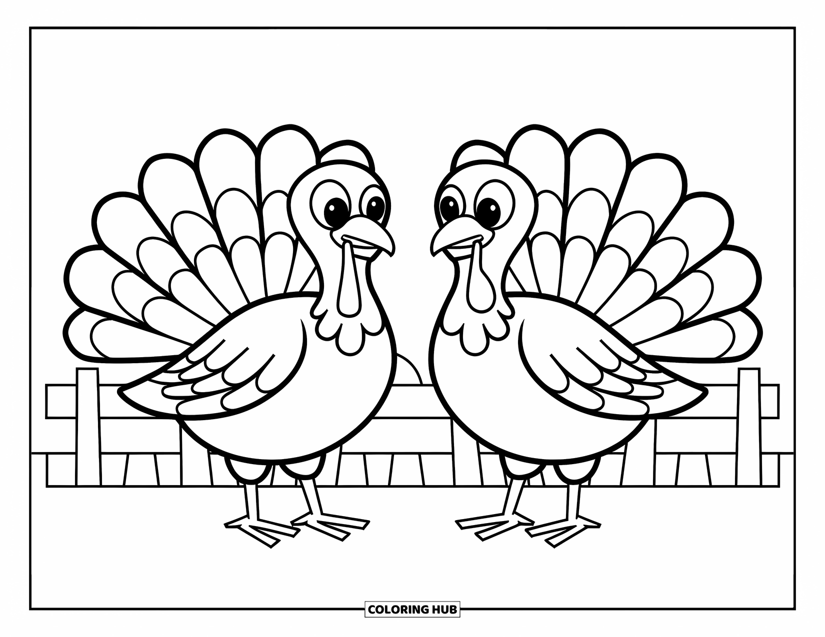 Kolorowanka ze zwierzętami gospodarskimi dla dzieci: Dwa indyki przechadzają się w pobliżu płotu, wyglądając zabawnie i radośnie
