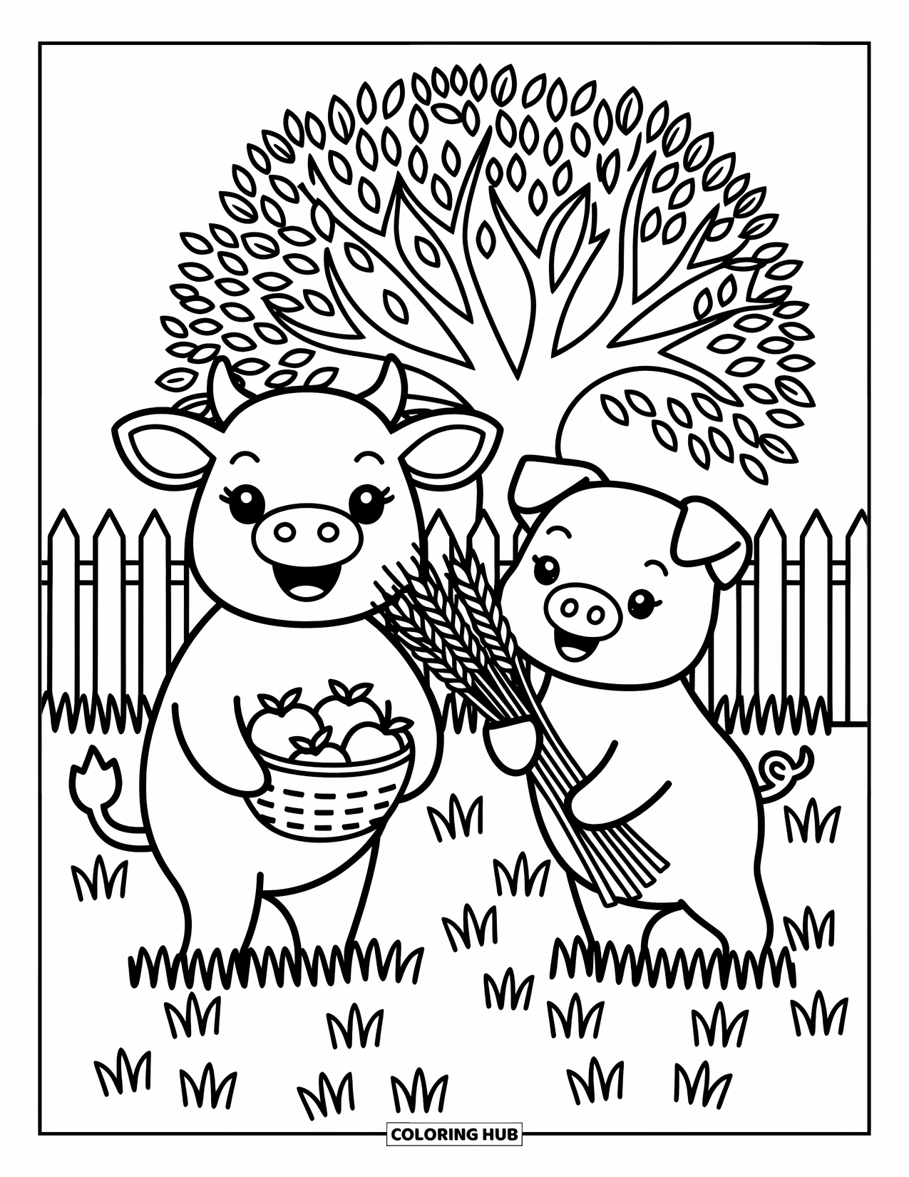 Disegno da colorare Fattoria per adulti: Una mucca e un maiale allegri lavorano insieme raccogliendo prodotti freschi della fattoria