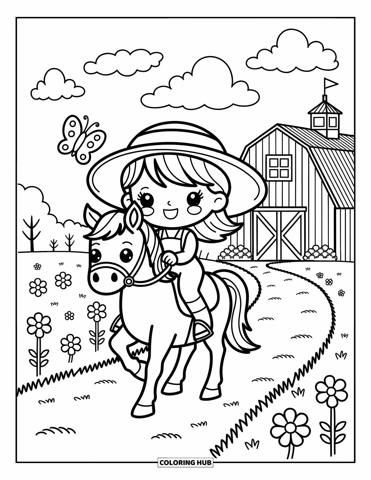 Disegno da colorare Fattoria per adulti: Una ragazza allegra a cavallo segue un sentiero fiancheggiato da fiori