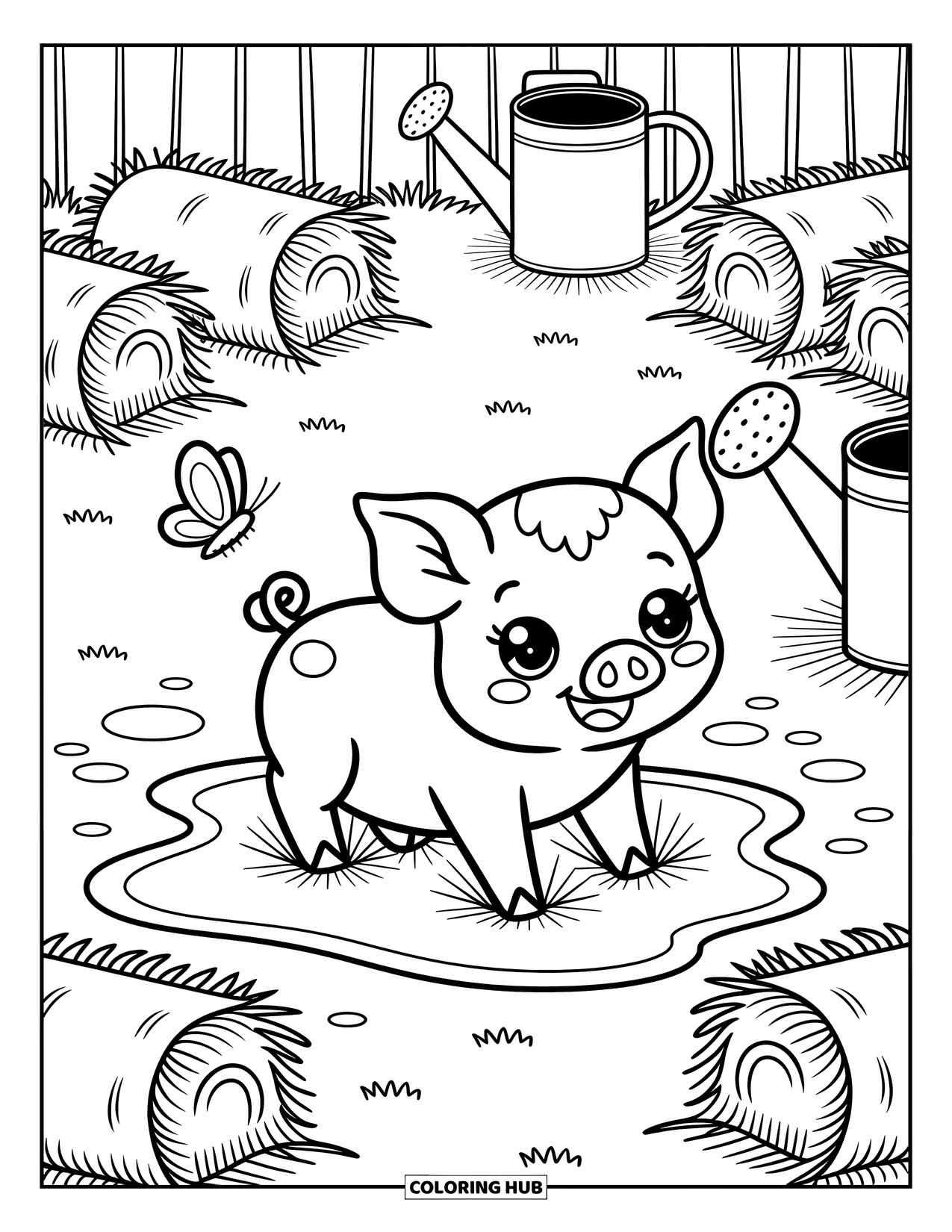 Dibujo de granja para colorear para adultos: Un cerdito alegre levanta barro mientras disfruta de un corral soleado