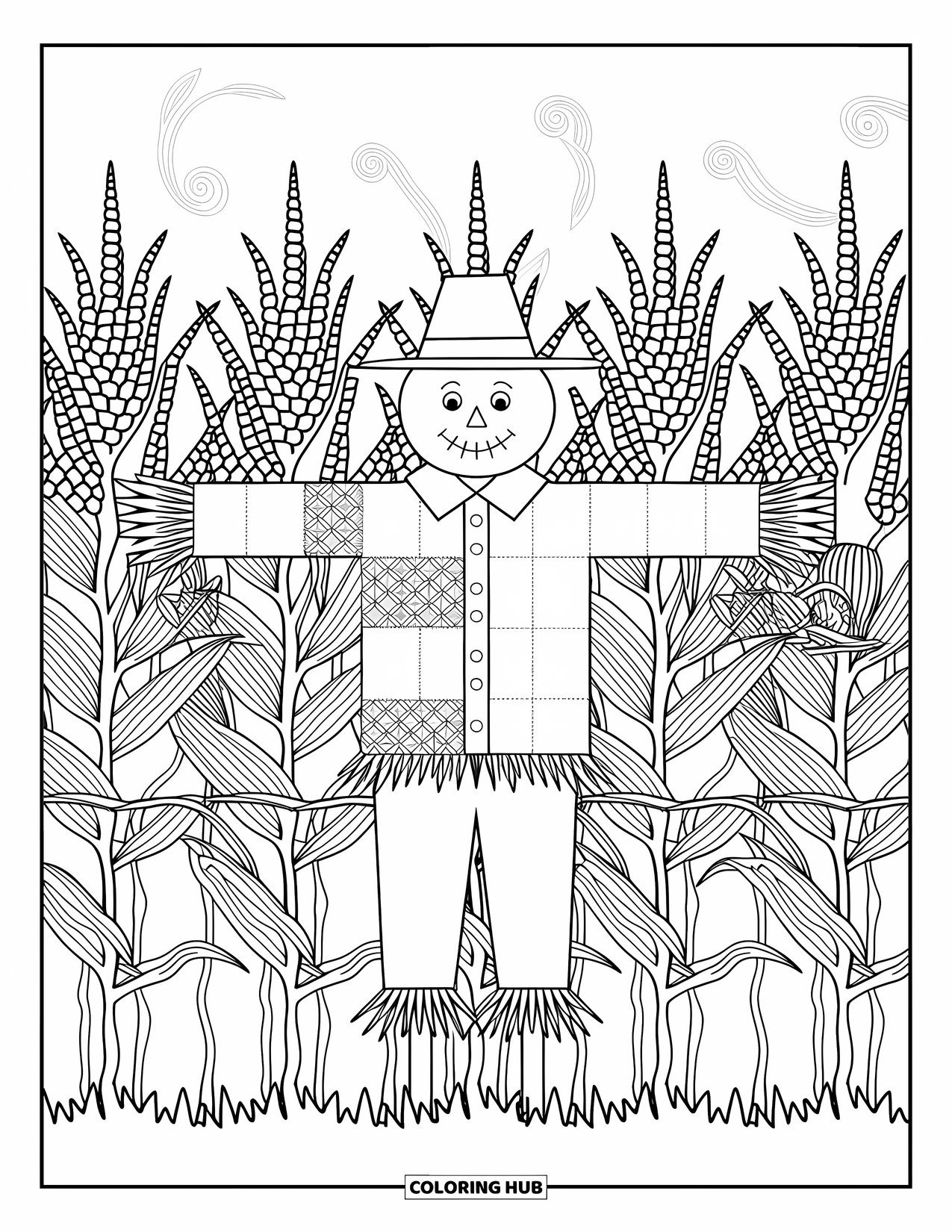 Dibujo de granja para colorear para adultos: Un espantapájaros alegre con ropa estampada se alza con orgullo en un campo de maíz