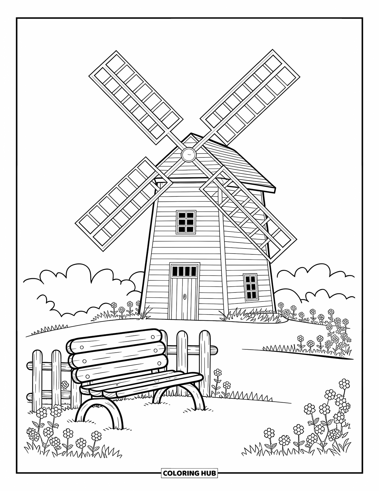 Disegno da colorare Fattoria per adulti: Un classico mulino a vento di legno si erge su una collina con un sentiero tortuoso