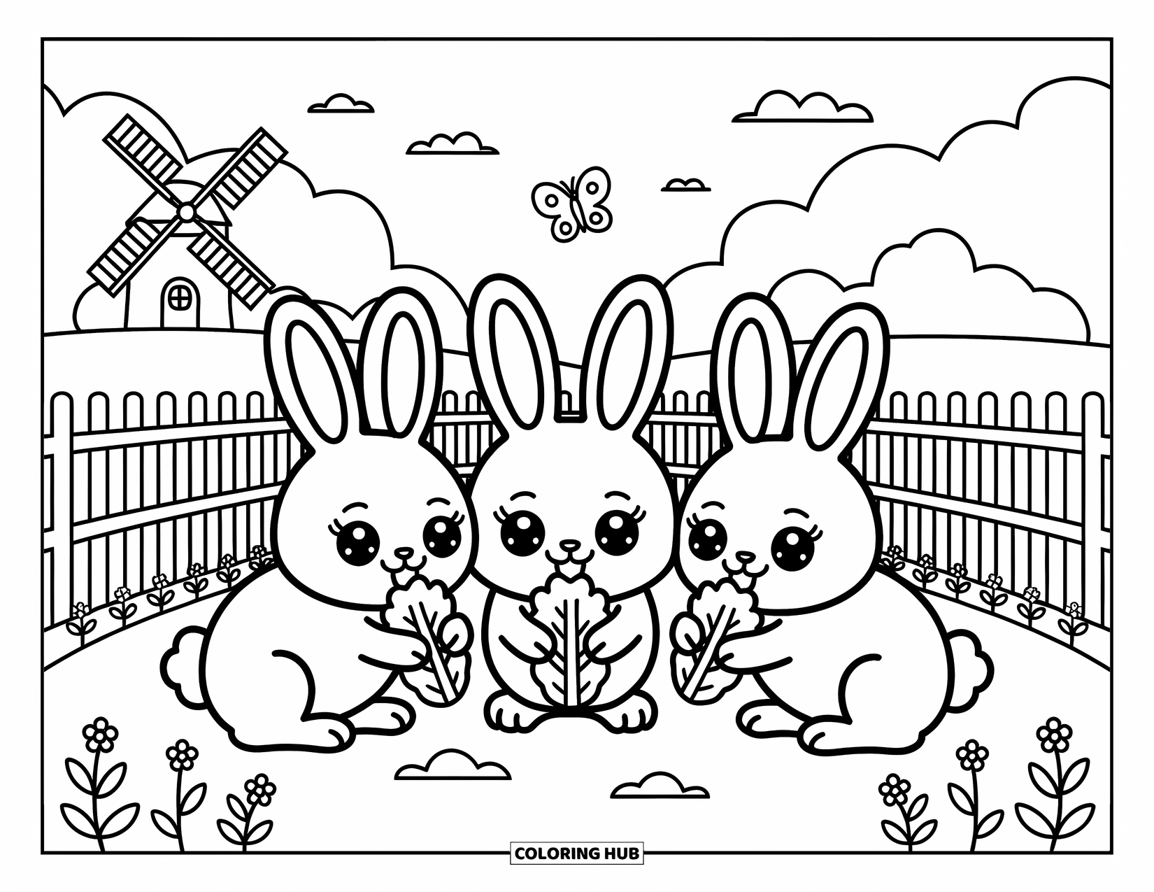 Dibujo de granja para colorear para adultos: Una acogedora familia de conejitos comiendo verduras junto a una cerca pintoresca