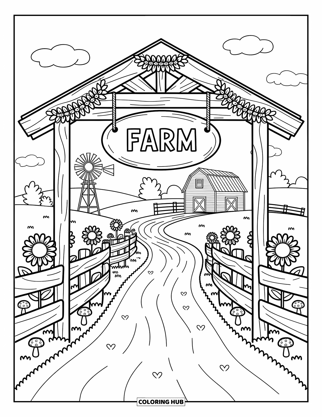 Dibujo de granja para colorear para adultos: Una entrada acogedora a la granja con un arco de madera, girasoles y un camino de tierra