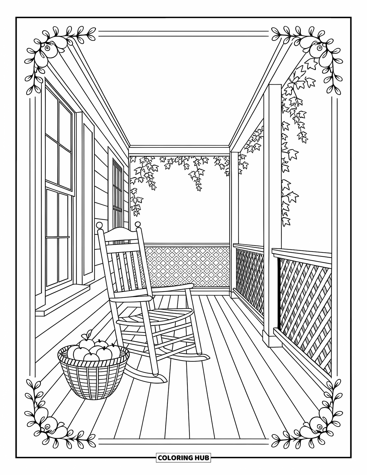Dibujo de granja para colorear para adultos: Un porche de casa de campo acogedor con una mecedora invitante y una cesta de frutas